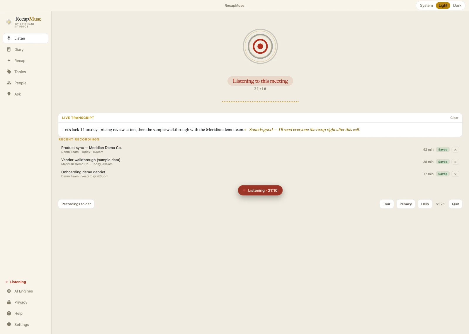 RecapMuse Listen screen with a list of recent recordings and their saved status and length