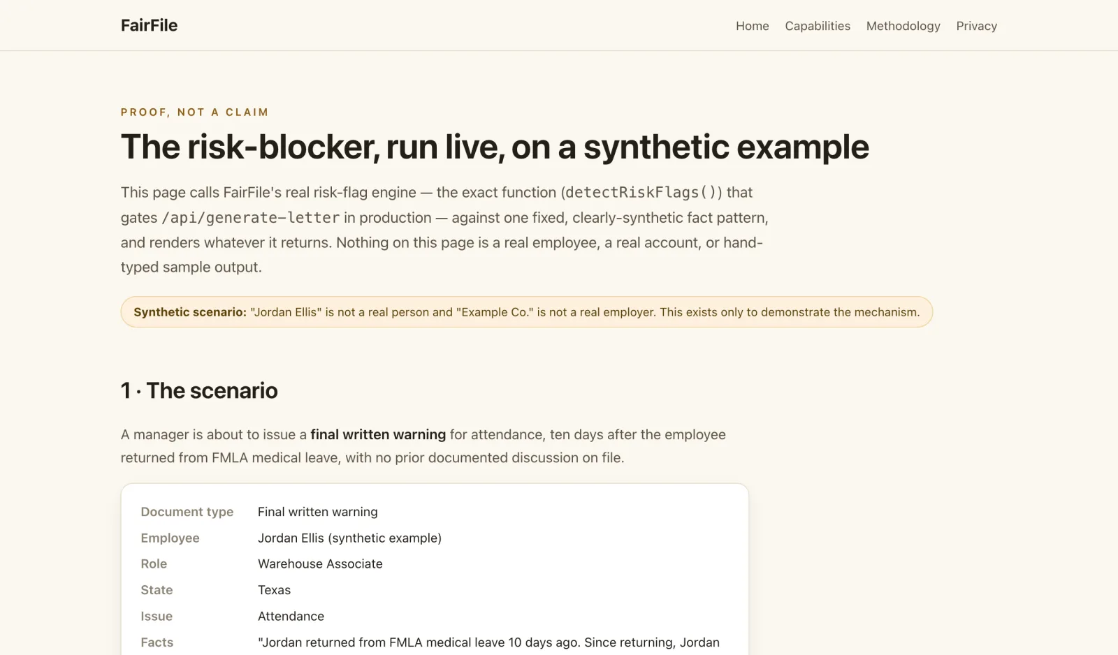 FairFile proof page describing a synthetic final written warning scenario run through the real risk-flag engine