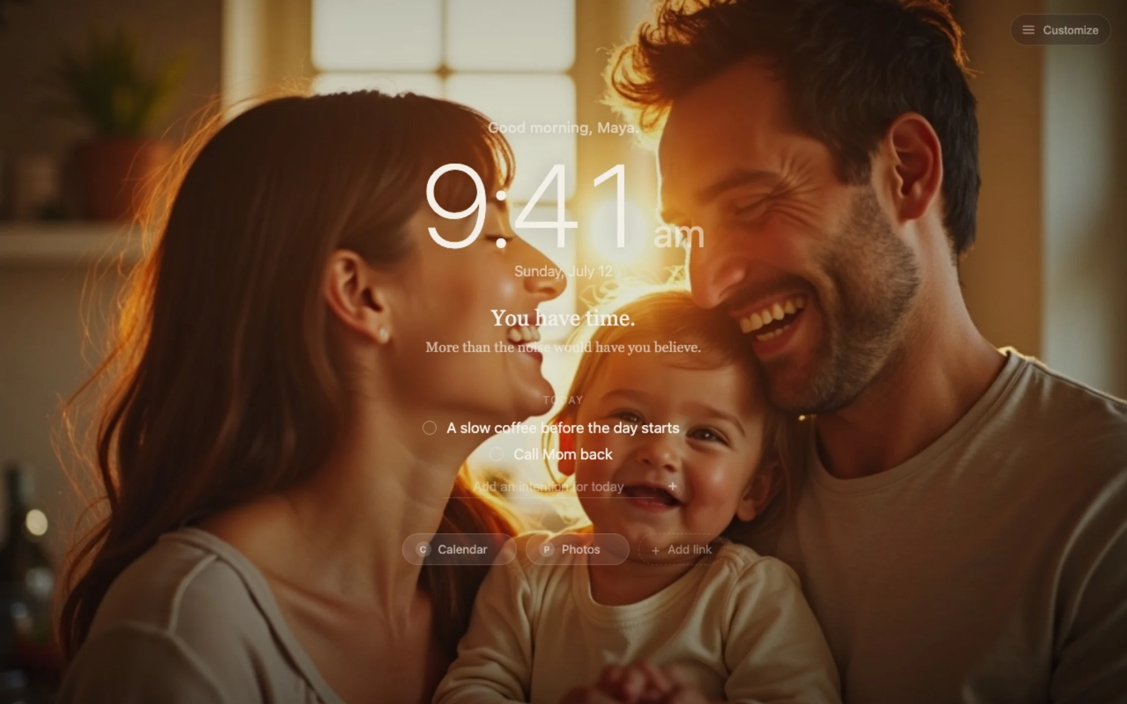 Fondly new tab screen showing a family photo behind a large 9:41am clock, a good morning greeting, and today's intentions list