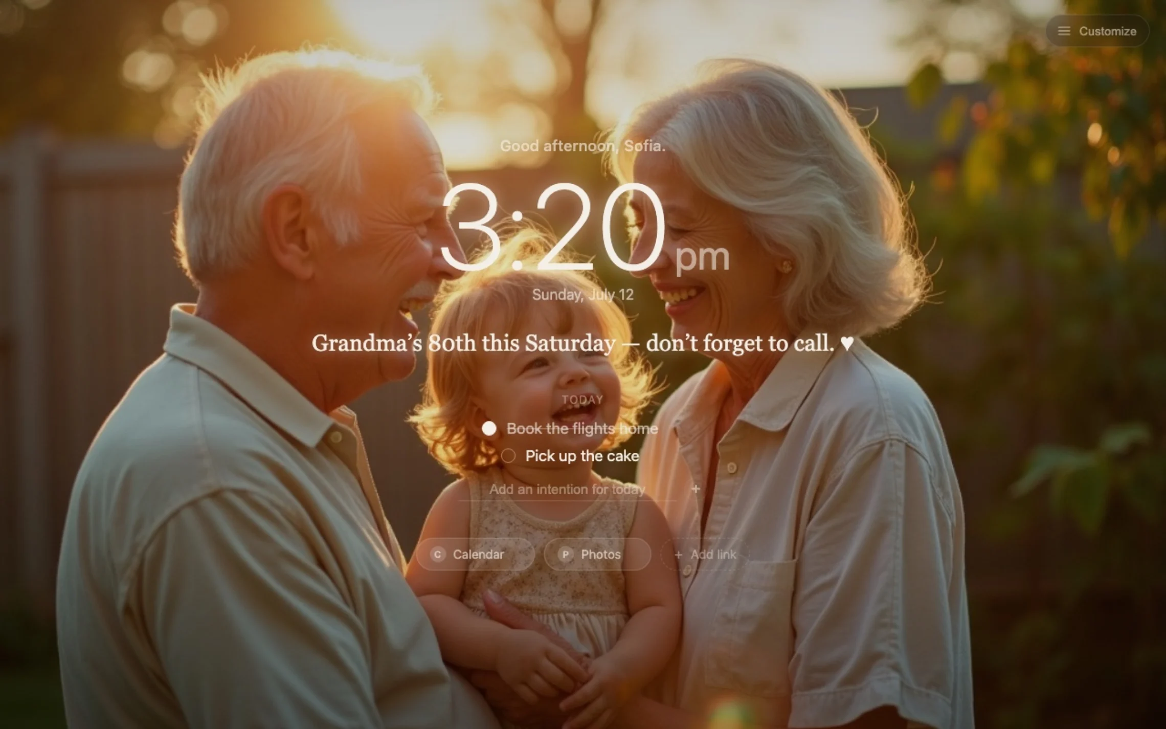 Fondly new tab showing grandparents and a toddler at golden hour with a personal reminder message and today's intentions