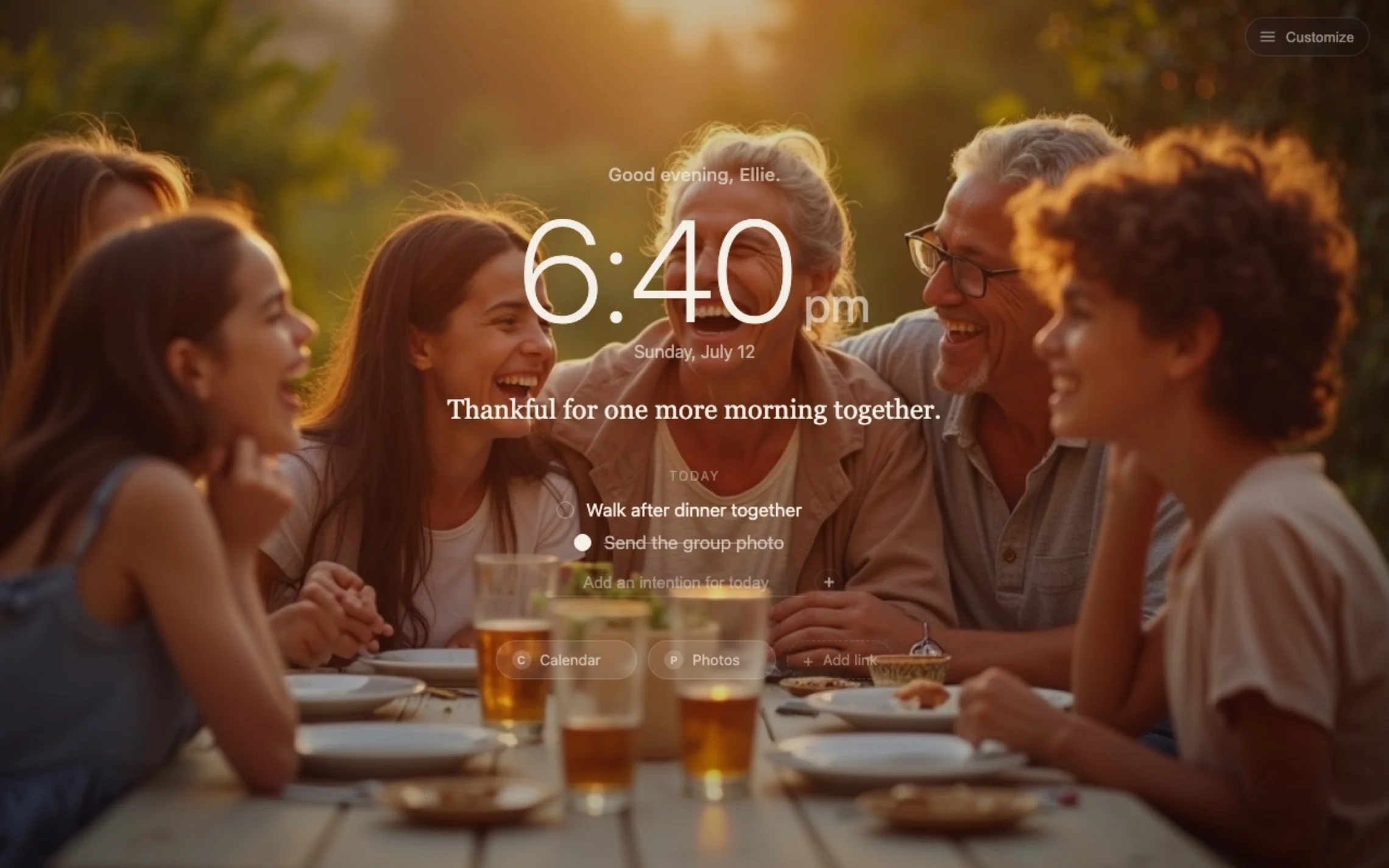 Fondly new tab showing a multigenerational family at an outdoor dinner with a gratitude line and the evening clock