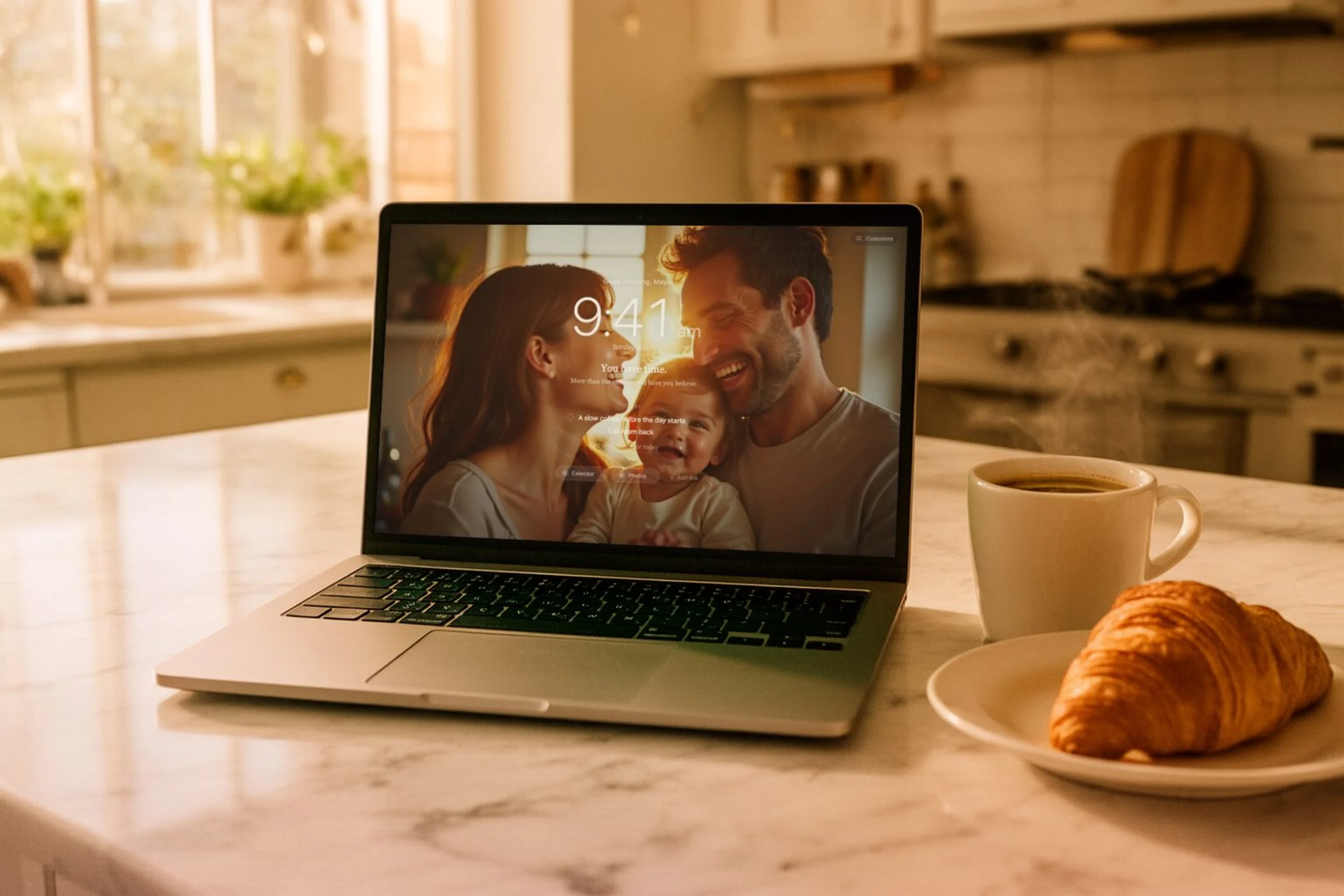 MacBook on a kitchen counter displaying the Fondly morning new tab screen beside a cup of coffee and a croissant