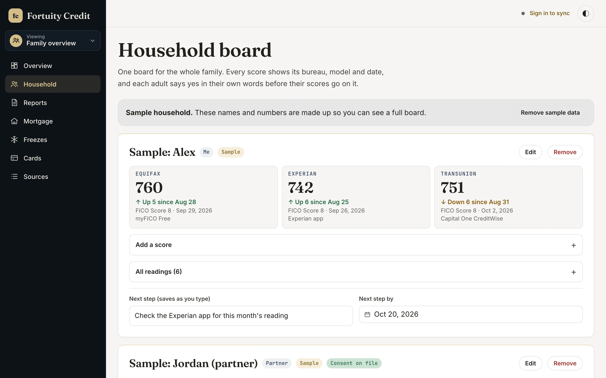 The Fortuity Credit household board showing three bureau scores for a sample adult, each with model, date, source, and a next step