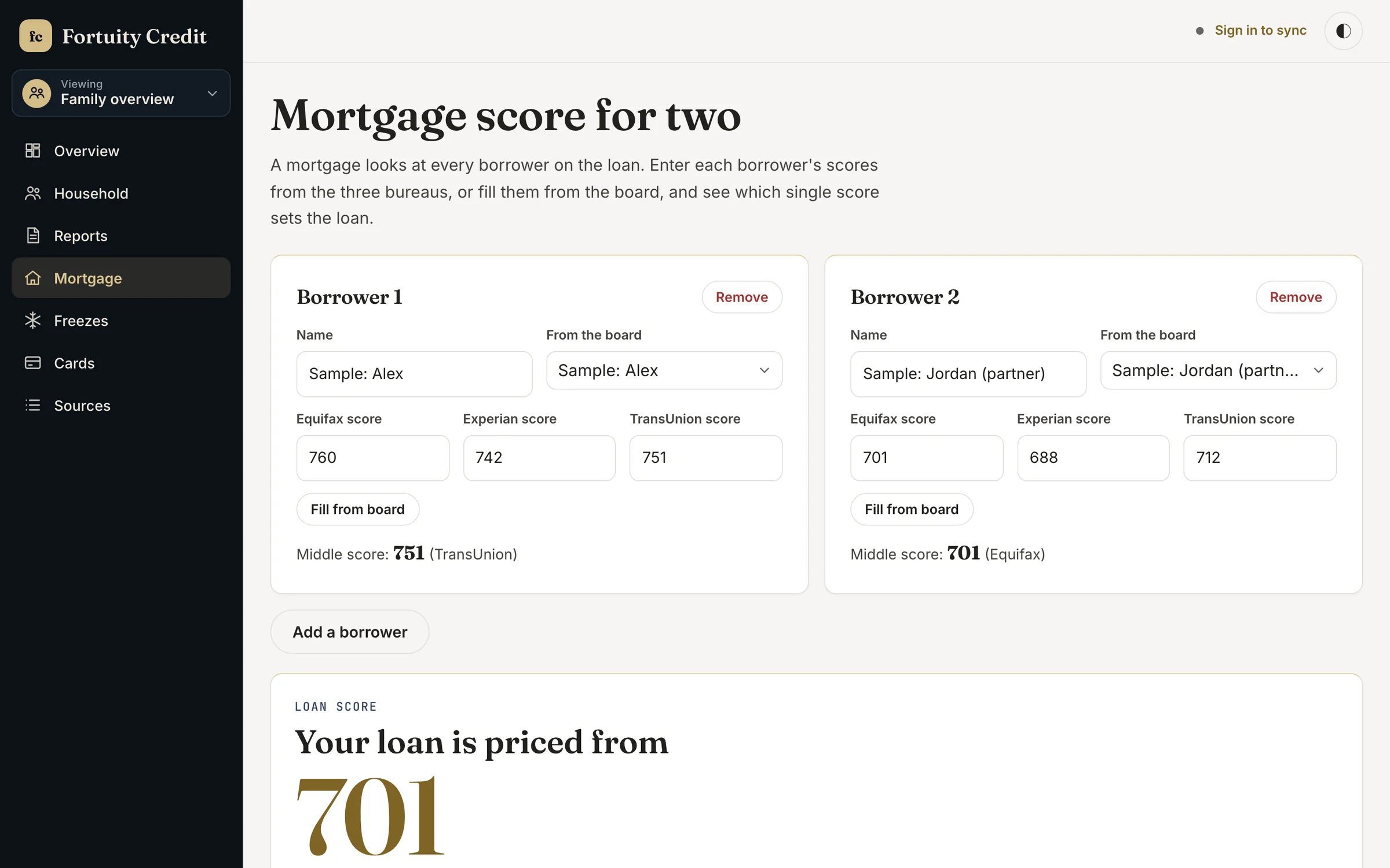 The Fortuity Credit mortgage score for two screen showing each borrower's three scores and the single score the loan is priced from