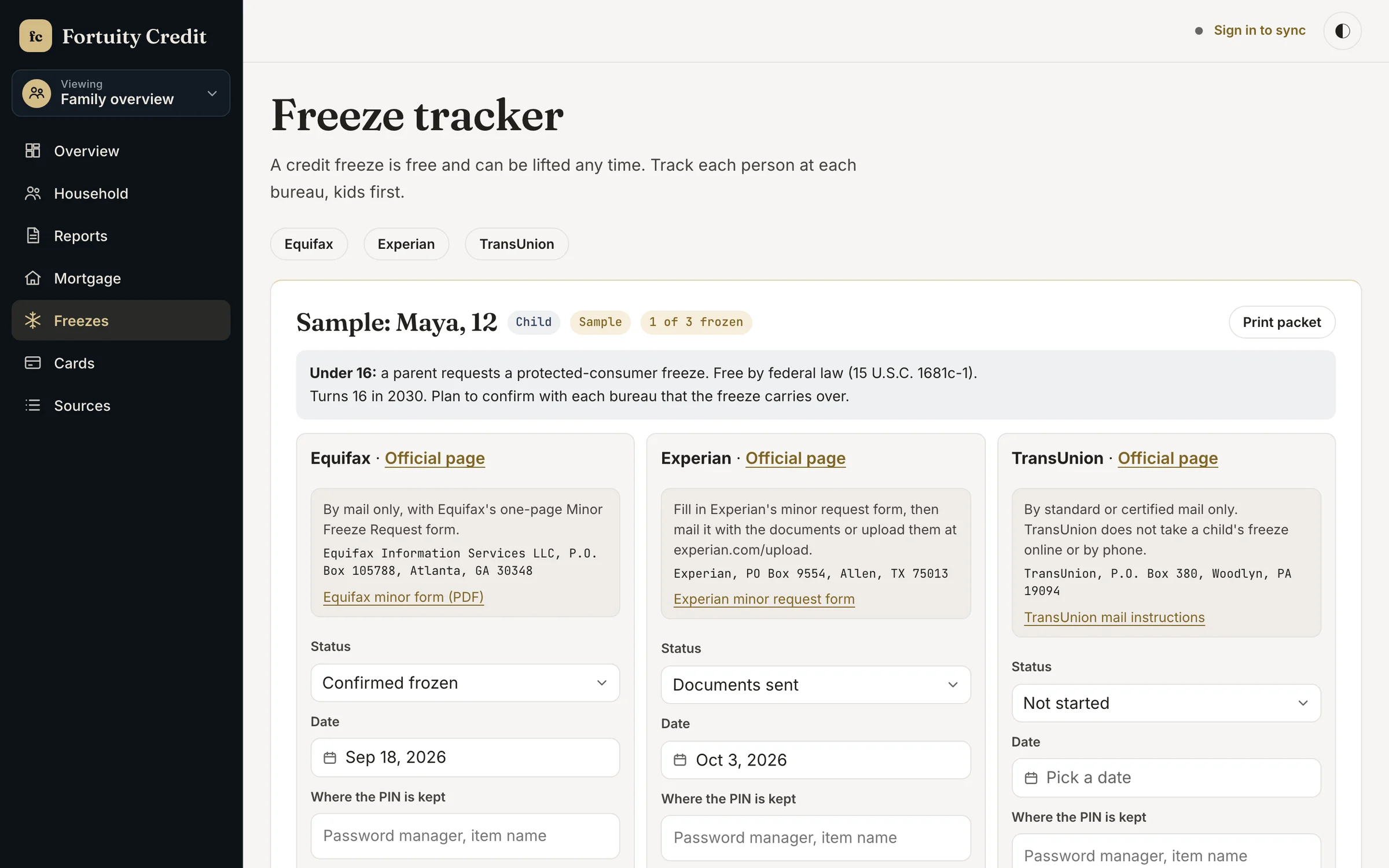 The Fortuity Credit freeze tracker for a sample child with status, date, and mailing instructions at each of the three bureaus