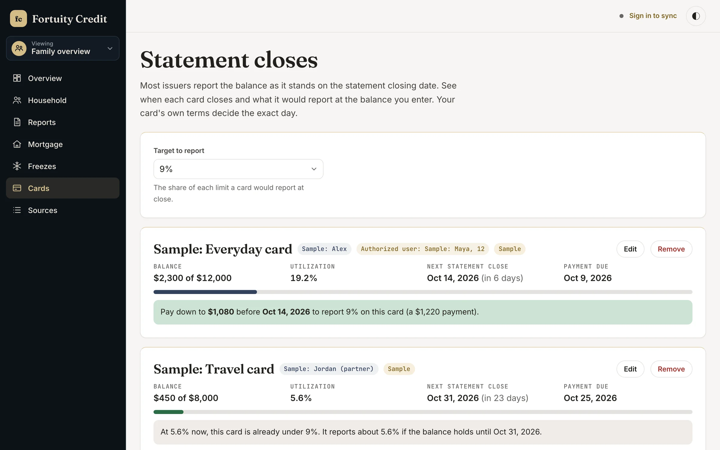 The Fortuity Credit statement closes screen with each card's balance, utilization, next close date, and the payment to report a target utilization