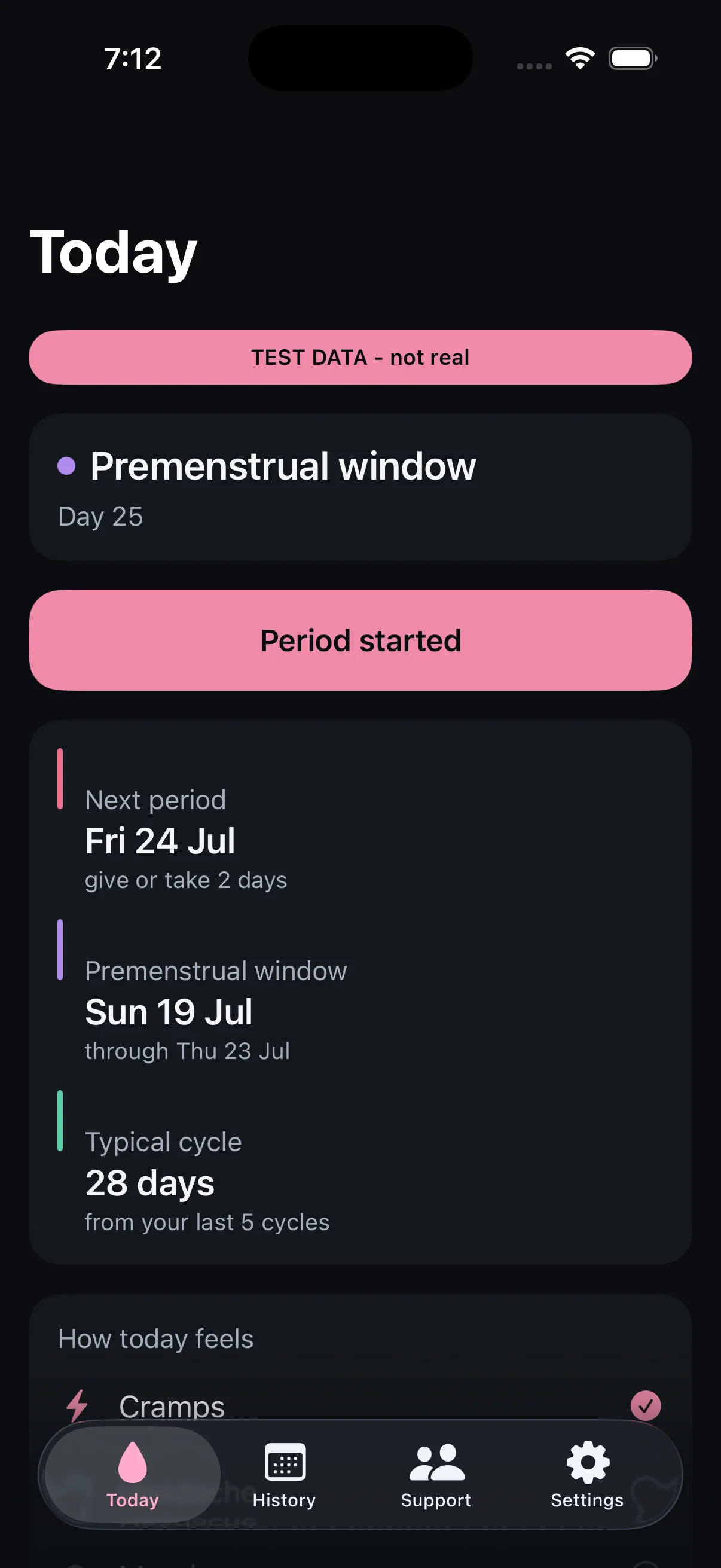 The Today screen on iPhone showing a premenstrual window on day 25, when the next period is expected, and typical cycle length.