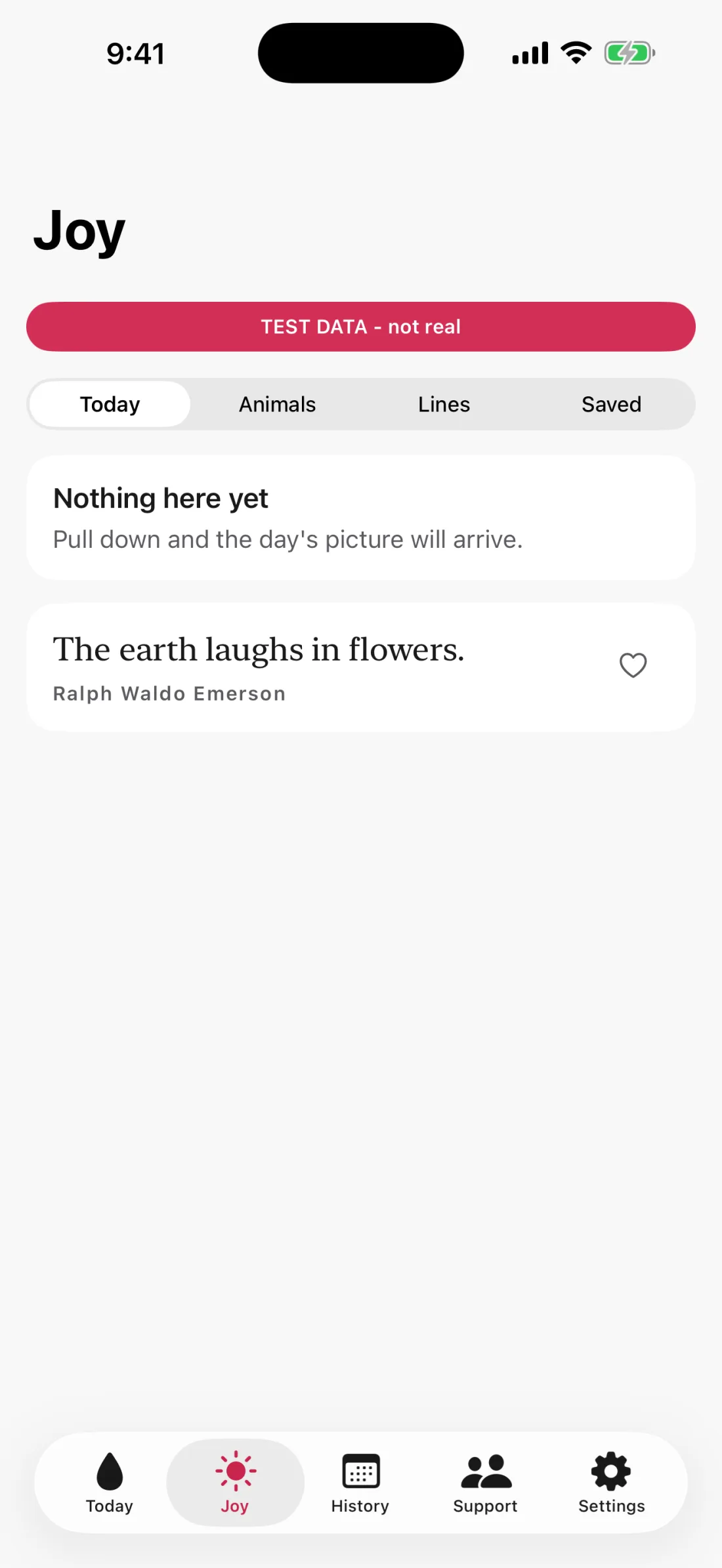 The Joy tab on iPhone with a quote card from Ralph Waldo Emerson and sections for animals, lines and saved favorites
