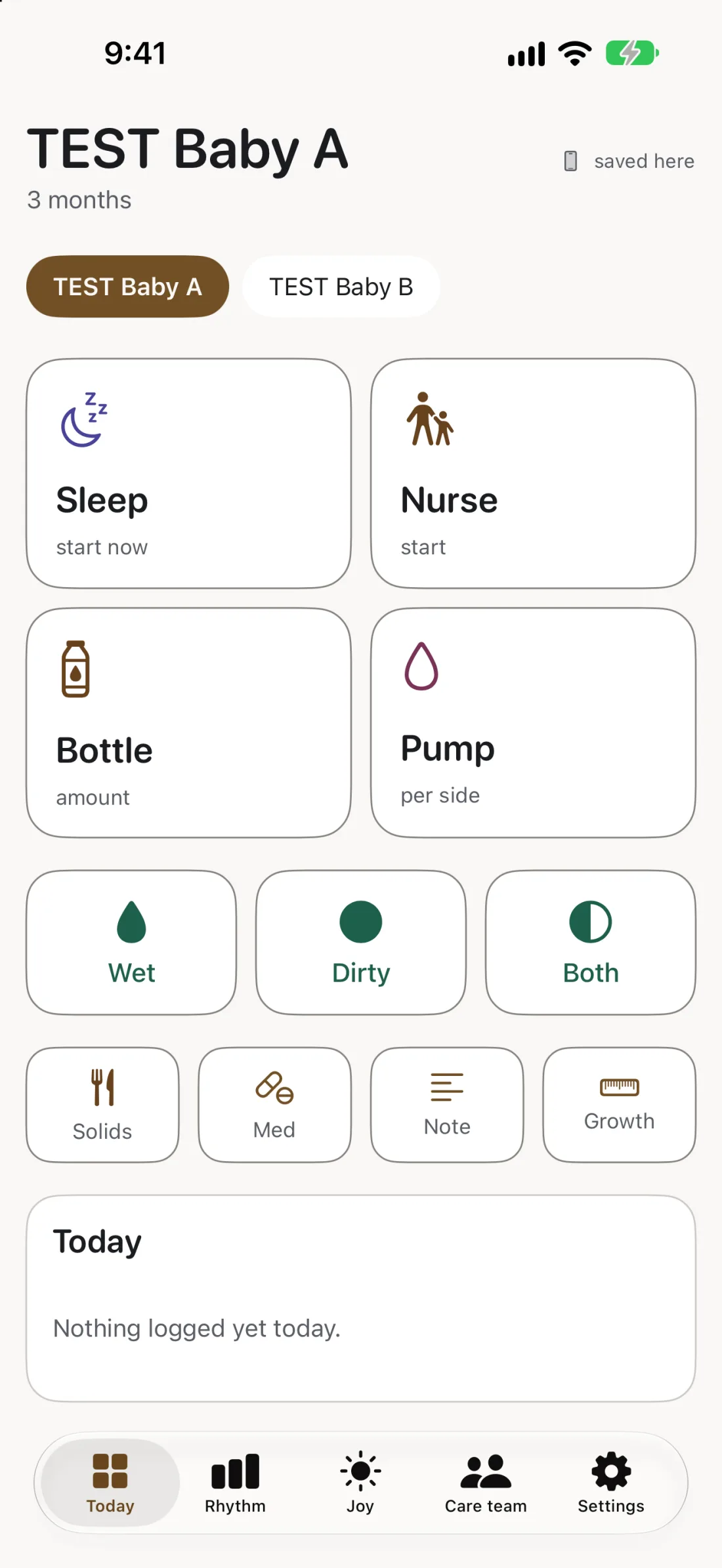 The Today screen on iPhone for a sample baby, with one-tap tiles for sleep, nursing, bottle, pump, diapers, solids, meds, notes and growth