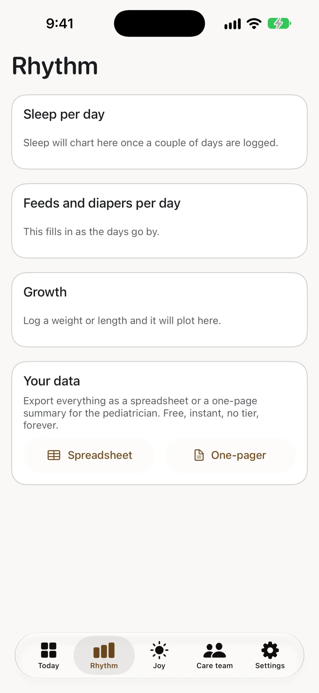 The Rhythm screen on iPhone with cards for sleep per day, feeds and diapers per day, growth, and a Your data card that exports a spreadsheet or a one-page pediatrician summary