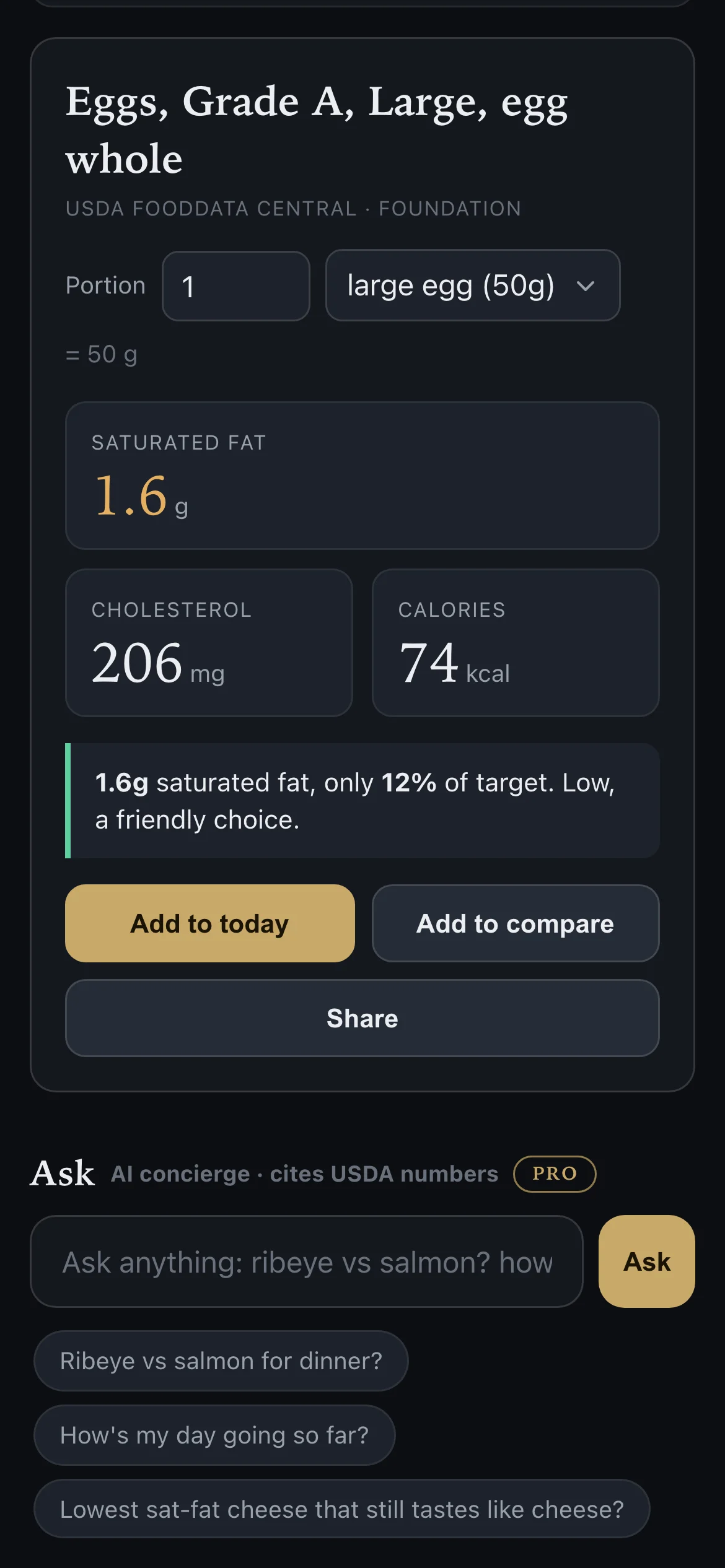 Fortuity Food on a phone showing a whole egg with portion, saturated fat, cholesterol, calories, and a read against today's target
