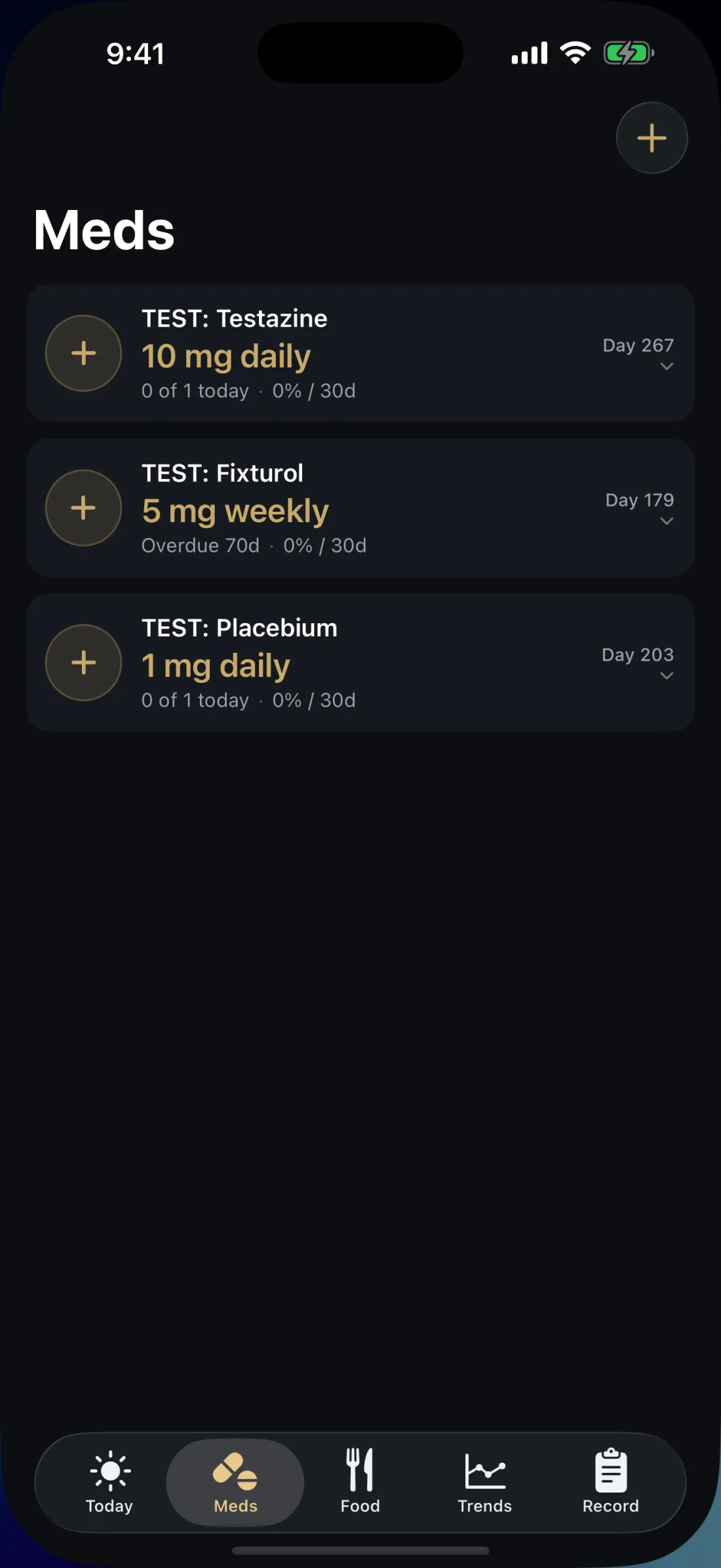 The Meds screen on iPhone listing three test medications with their doses, schedules and days on each