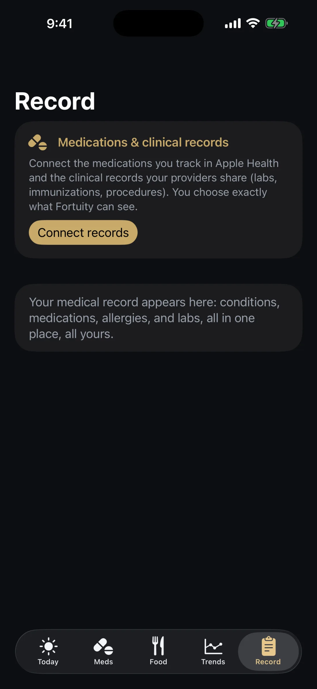 The Record screen on iPhone offering to connect medications and clinical records from Apple Health