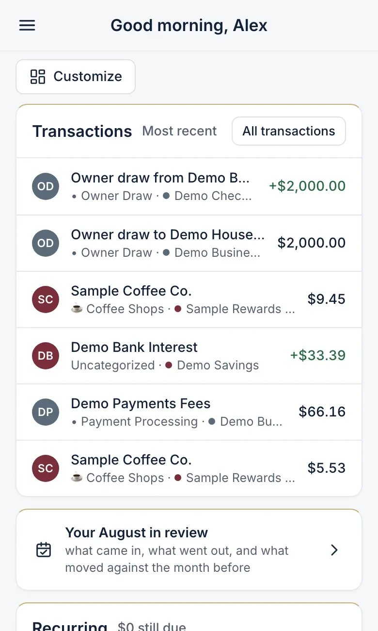 The Fortuity Money dashboard on a phone with recent transactions and a monthly review card, filled with sample data