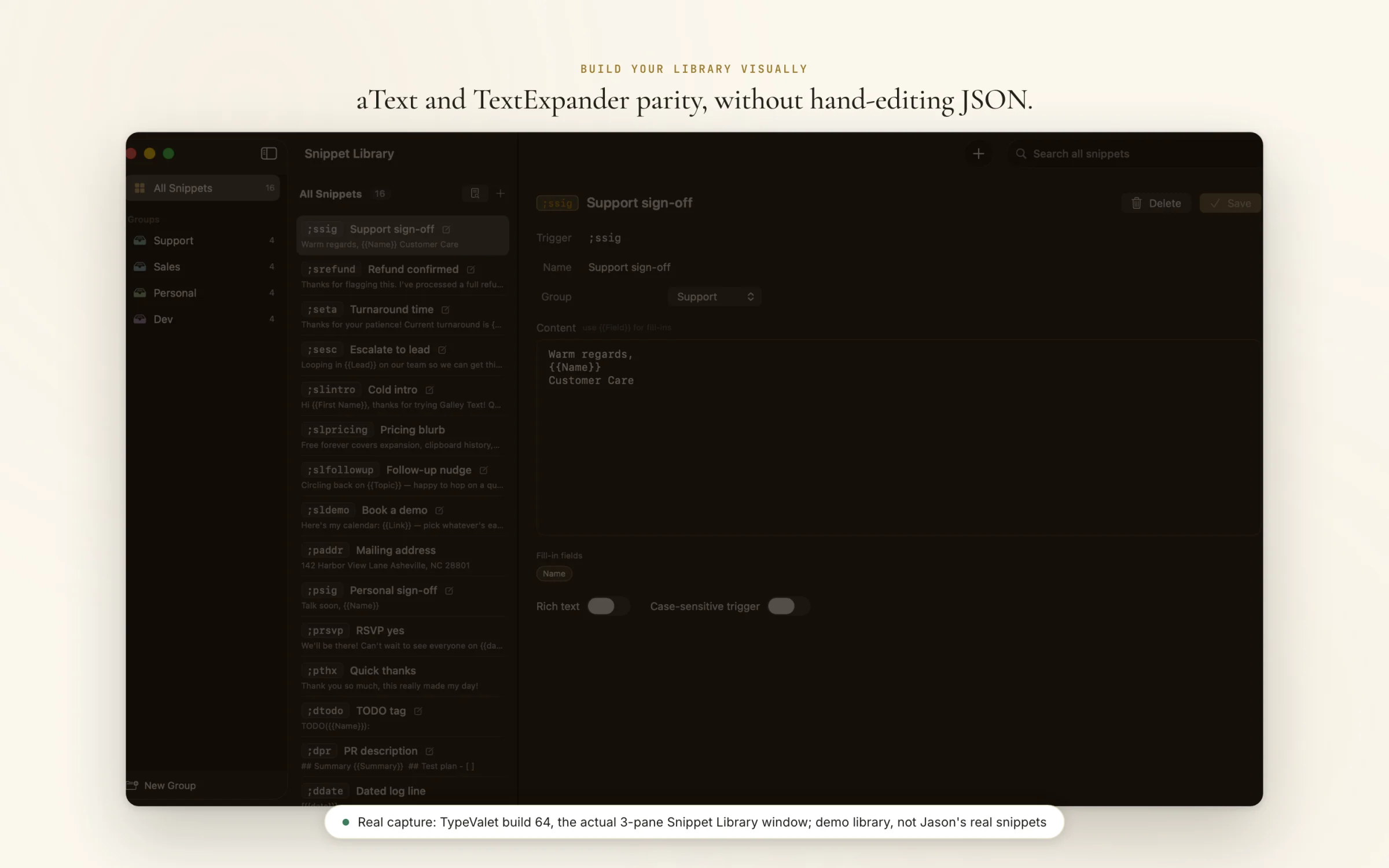 Type Valet three pane Snippet Library window editing a support sign-off snippet with trigger and content fields