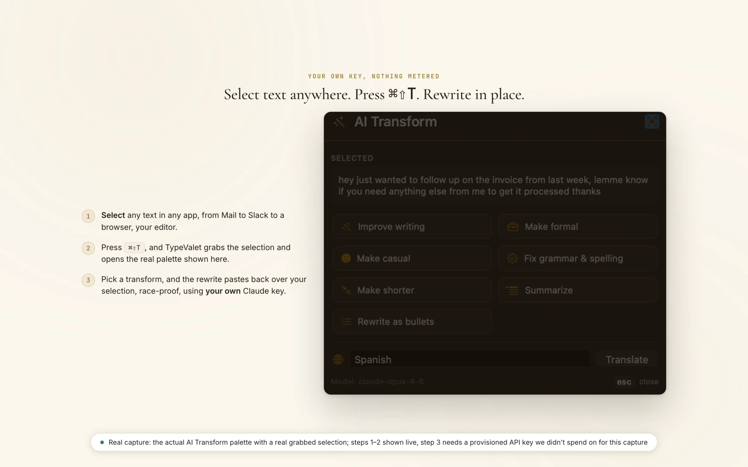 Type Valet AI Transform palette open over selected text with options to improve, formalize, or translate it