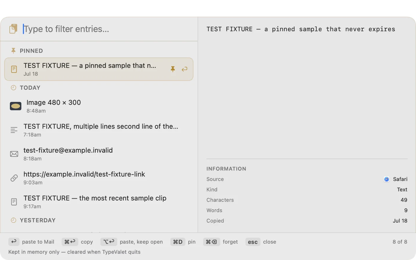 Type Valet Cartwall clipboard history panel listing recent copies with source app and character count