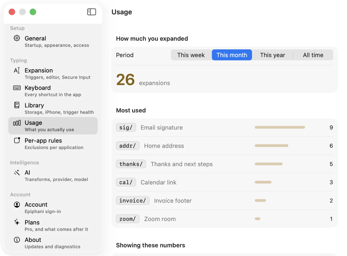Type Valet Usage settings screen showing expansions this month and a most used snippets breakdown
