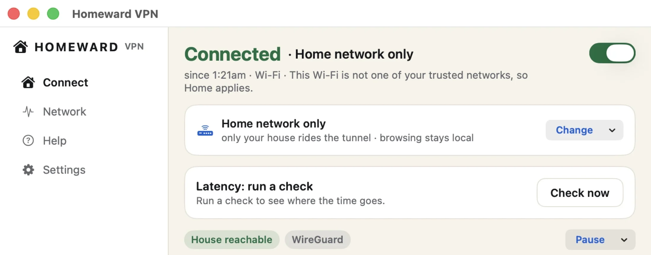 Homeward VPN Connect screen showing Connected in Home network only mode with a Check now button and house-reachable chip