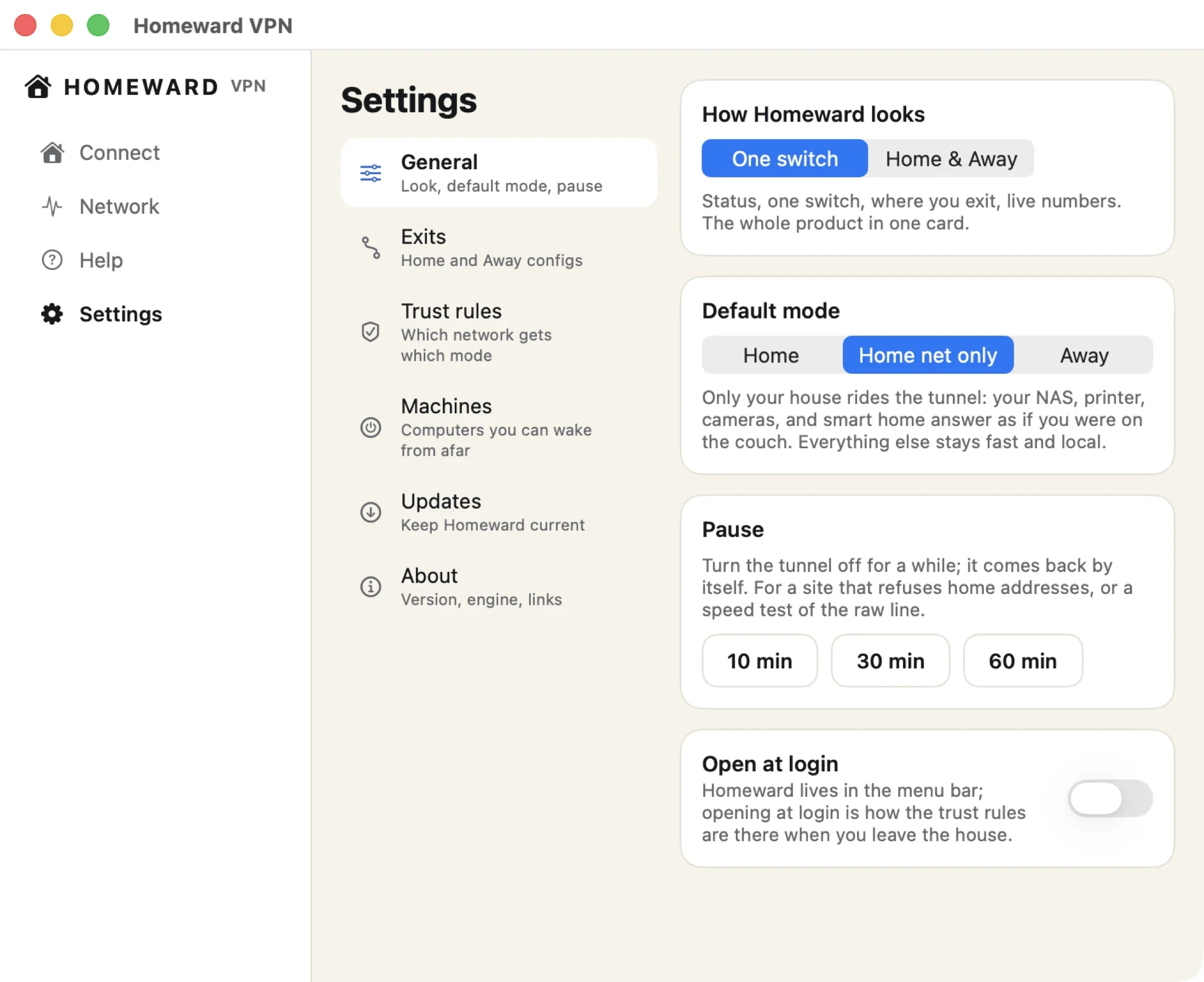 Homeward VPN Settings with One switch look, Home net only default mode, 10, 30, and 60 minute pause, and open at login