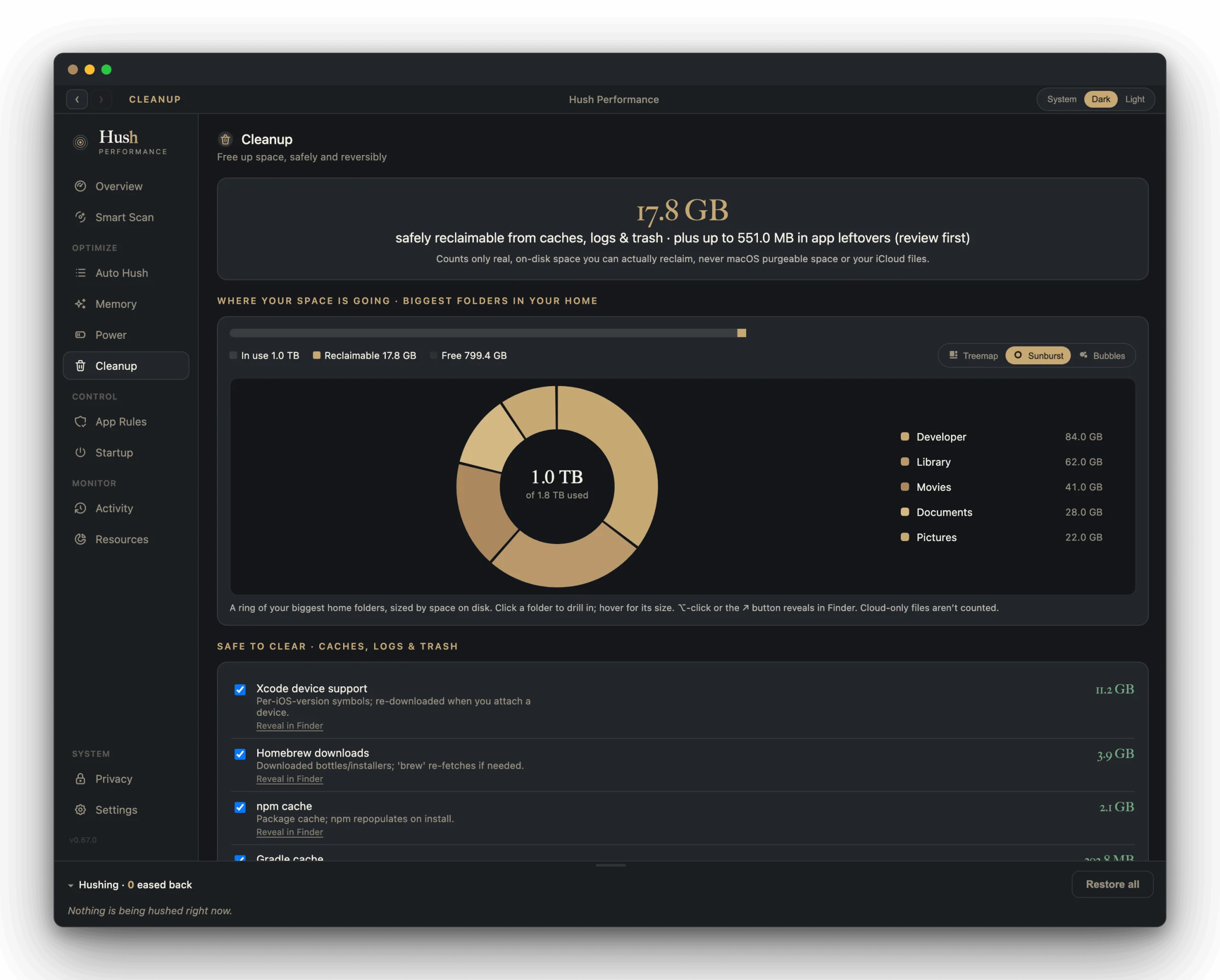 Hush Performance Cleanup pane with a sunburst chart of folder sizes and a list of safe to clear caches