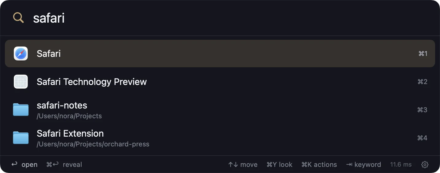 Jump Valet search panel in dark mode showing results for the query saf, ranking Safari first above Safari Technology Preview and two matching project folders