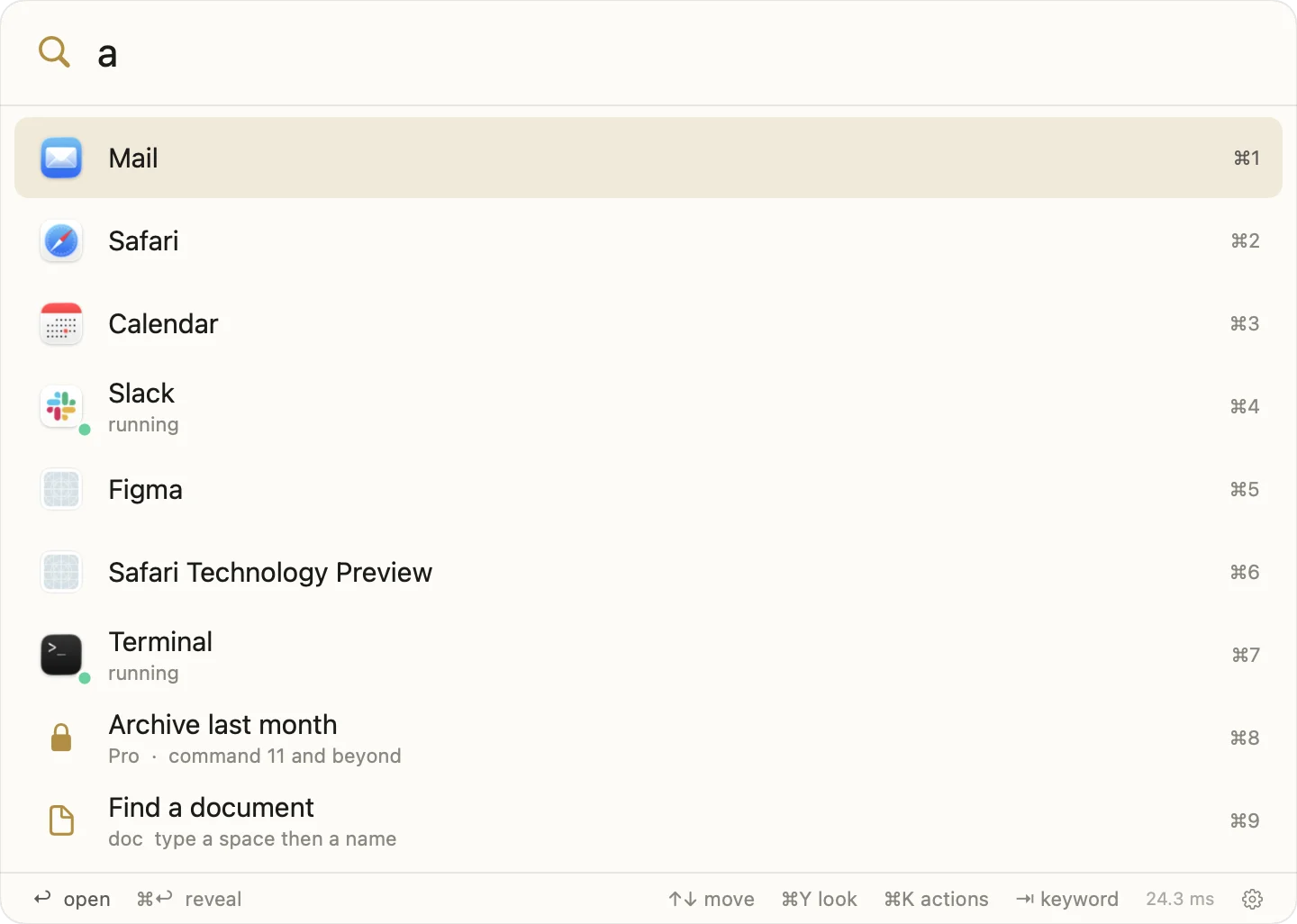 Jump Valet search panel in light mode listing apps, running processes, and custom commands together, including a Pro-only Archive last month command