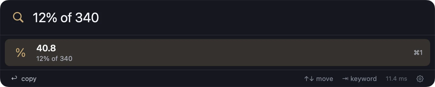 Jump Valet search panel in dark mode showing the typed calculation 12% of 340 answered inline as 40.8, ready to copy