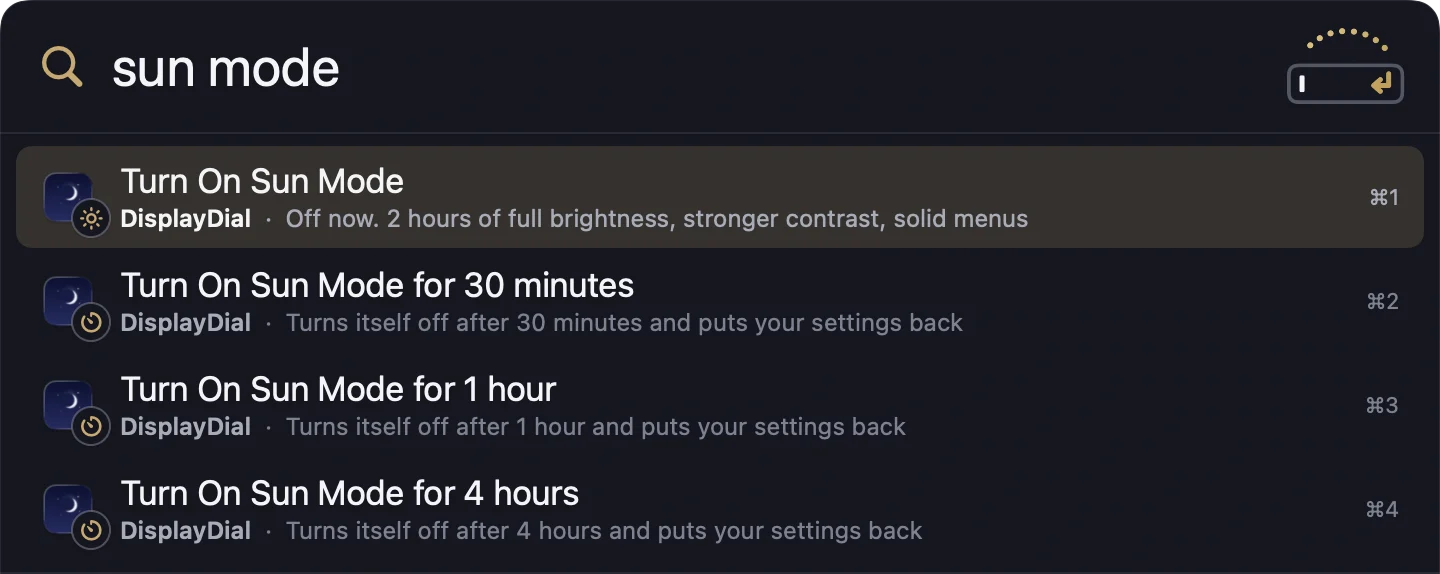 Jump Valet search panel in dark mode showing DisplayDial commands for Turn On Sun Mode with timed variants for 30 minutes, 1 hour, and 4 hours