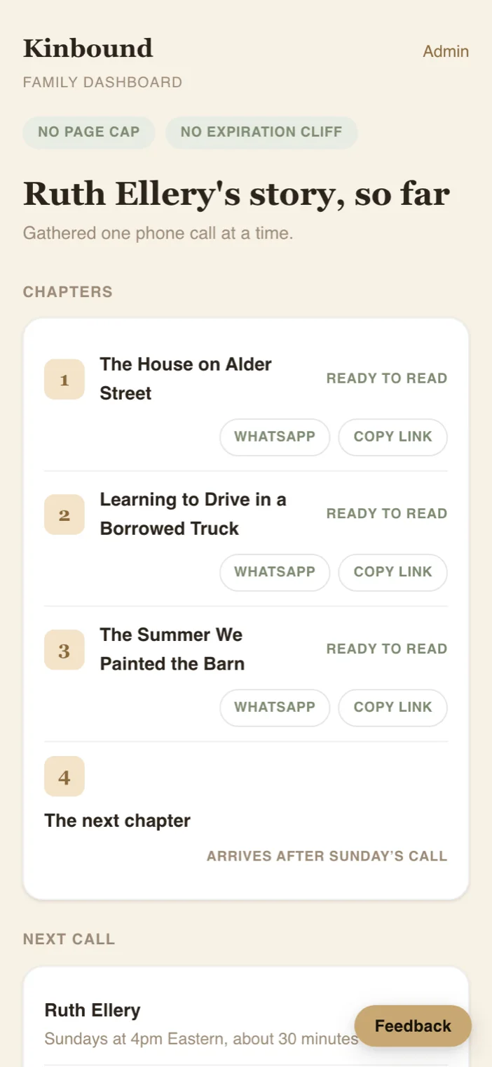 The family dashboard for a storyteller named Ruth, with three chapters ready to read and the next one due after Sunday's call