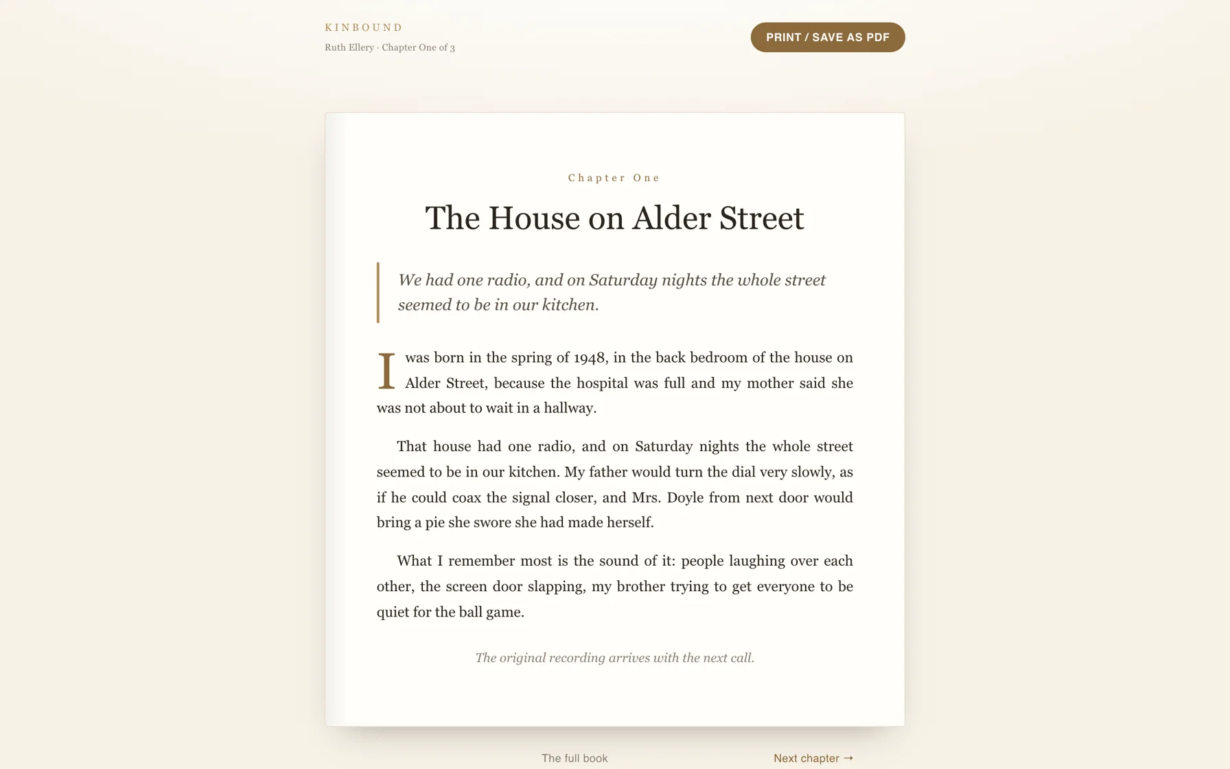 Chapter one, The House on Alder Street, set as a book page with a pull quote and a drop cap