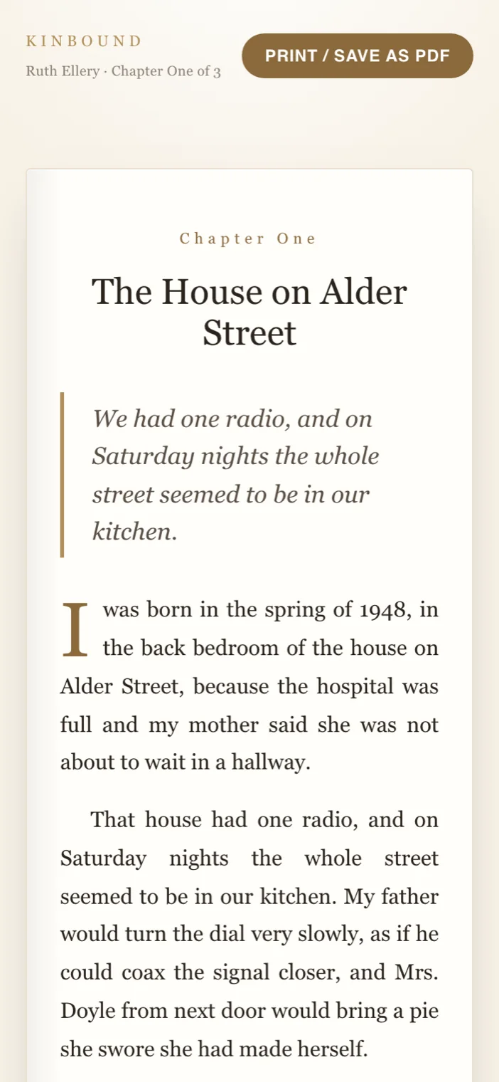 The same chapter read on a phone, with the pull quote and the story in her own words