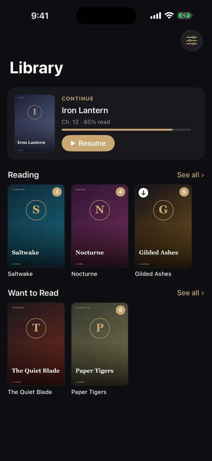 Yoakashi Library on iPhone with a Continue card for Iron Lantern at 85 percent read, a Reading shelf, and a Want to Read shelf