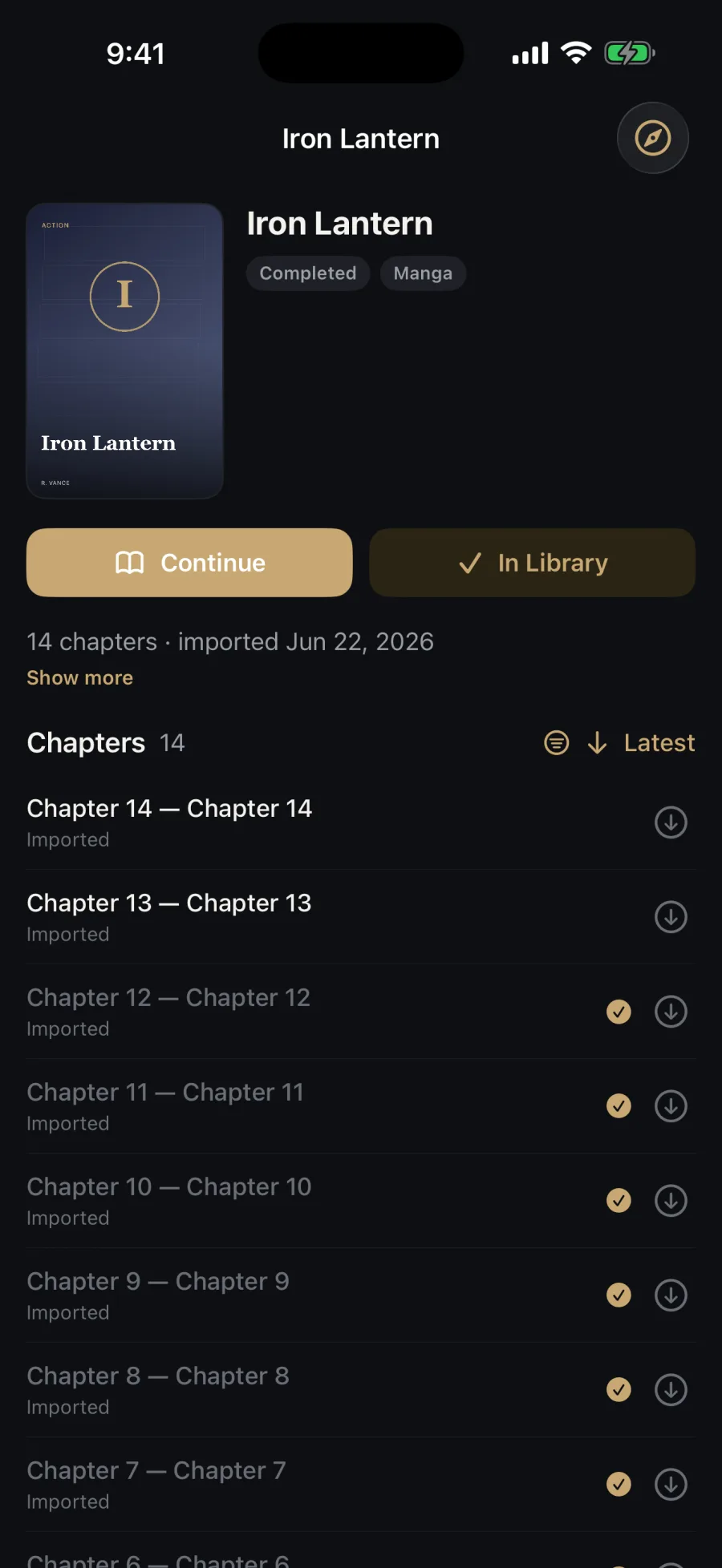 Yoakashi series page for Iron Lantern with Continue and In Library buttons and a chapter list showing read and download marks