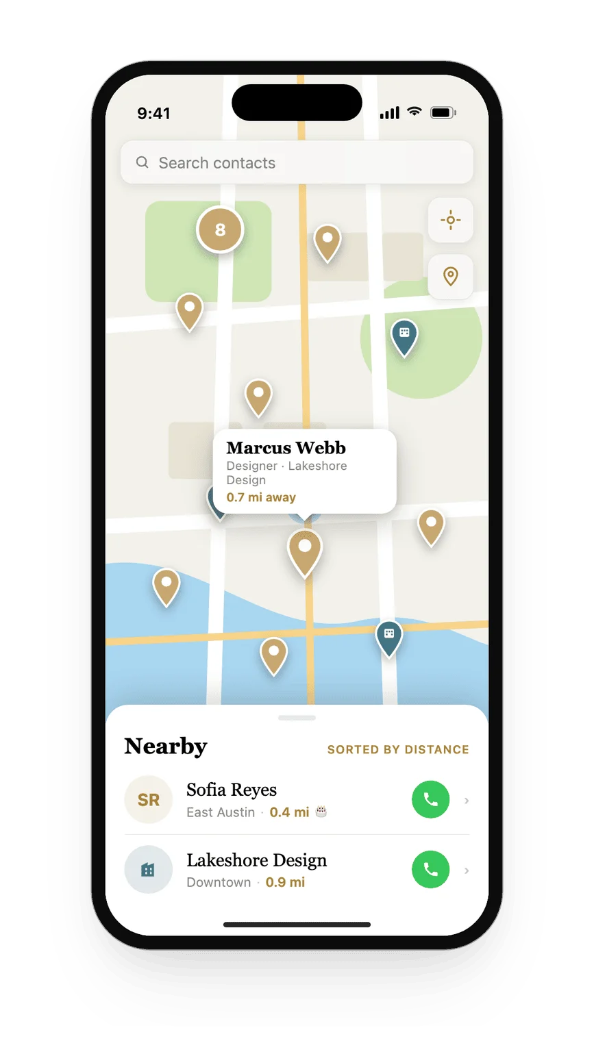 Full-screen map with pins for nearby contacts and a Nearby list beneath showing Sofia Reyes and Lakeshore Design sorted by distance