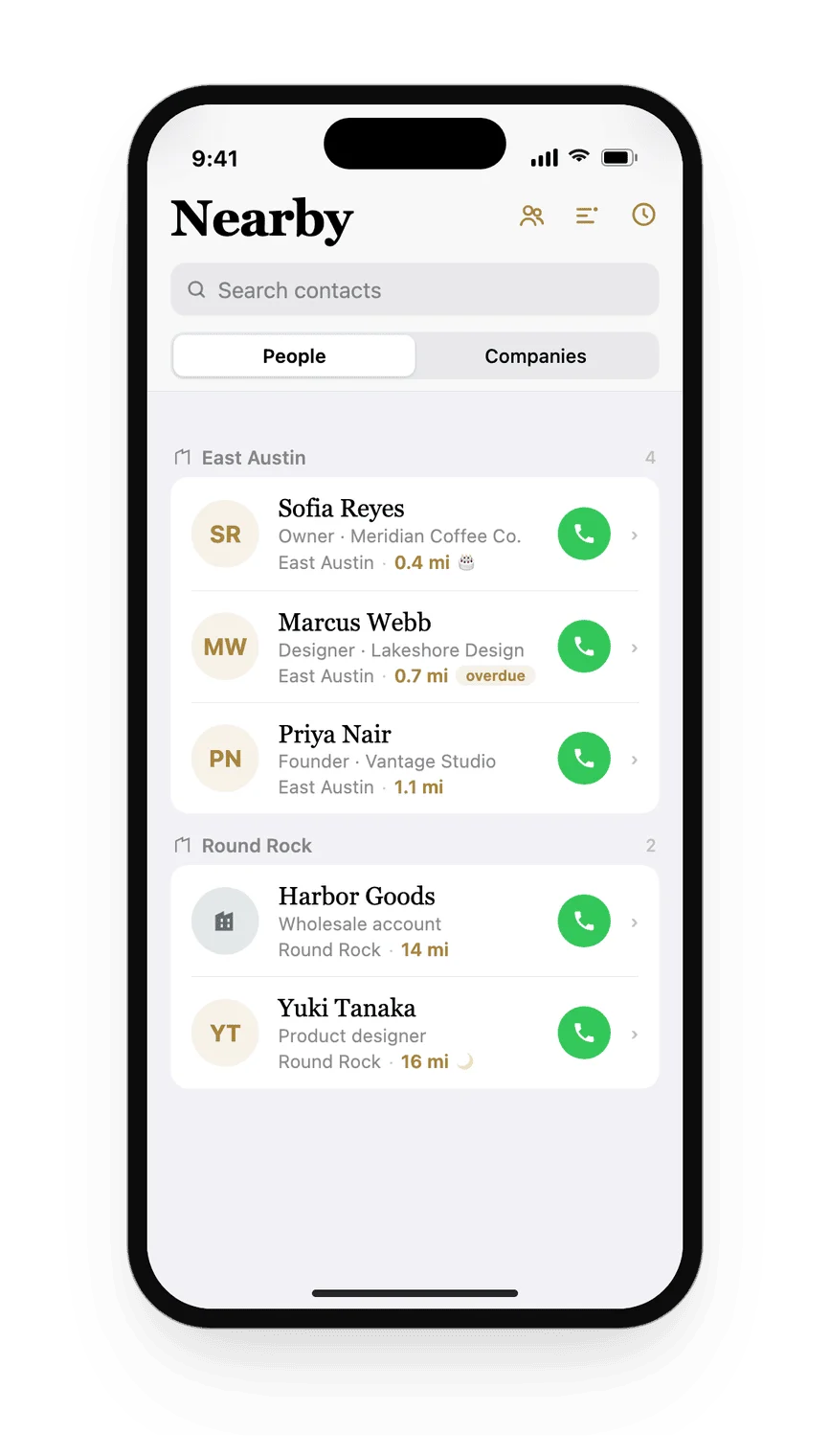 Nearby list grouped by city, East Austin and Round Rock, with contacts sorted by distance and one-tap call buttons