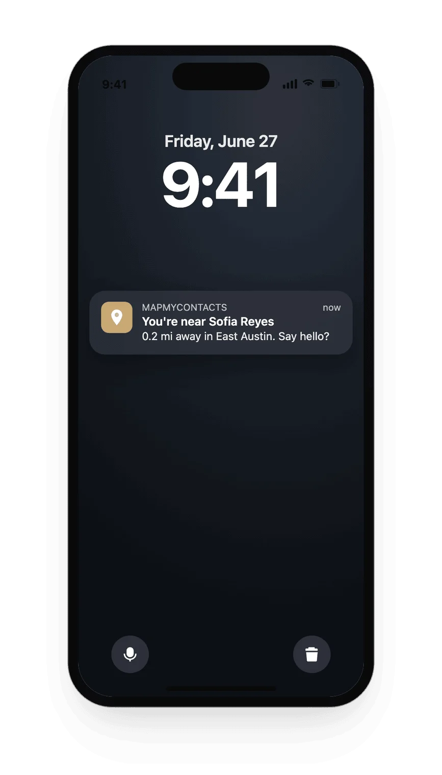 A Lock Screen notification reading you are near Sofia Reyes, 0.2 miles away in East Austin