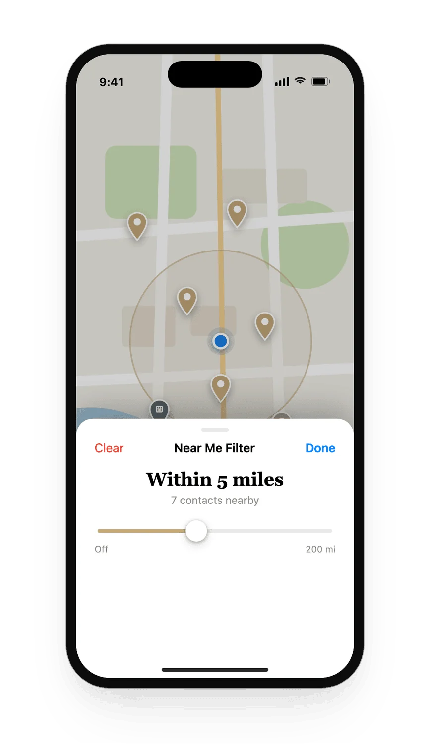 The Near Me filter set to within 5 miles on the map, showing 7 contacts nearby with a slider from Off to 200 miles