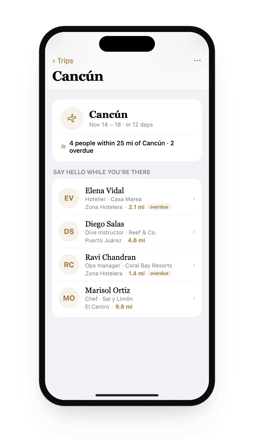 A Trips screen for Cancun listing four people nearby within 25 miles, two flagged overdue, each one tap away