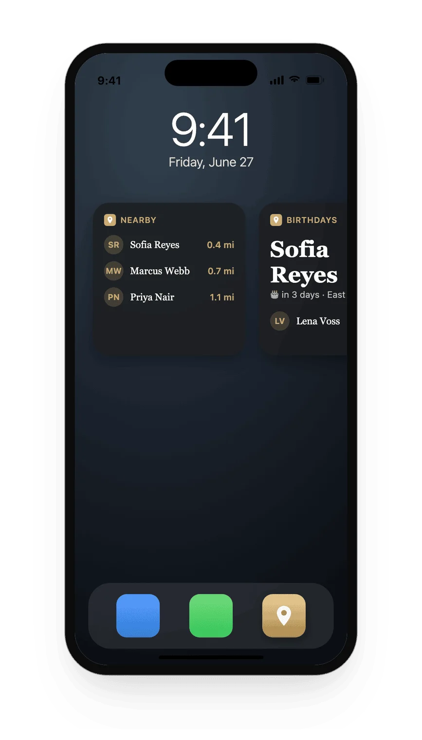 Home Screen widgets showing a Nearby list and an upcoming Birthdays list on the Lock Screen wallpaper