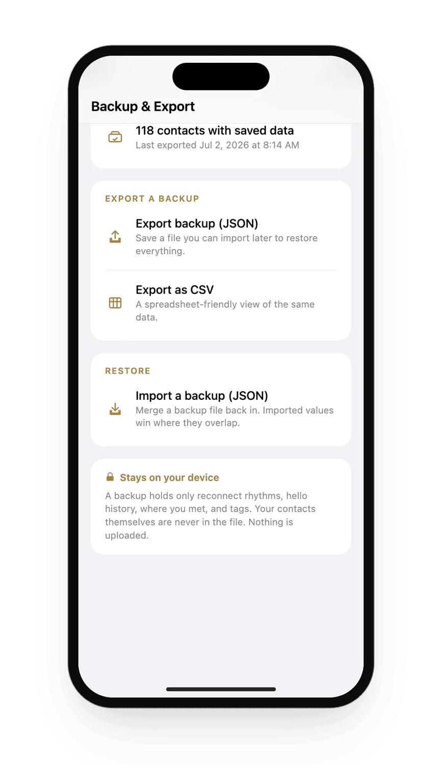 The Backup and Export screen offering JSON and CSV export, backup import, and a note that data stays on the device