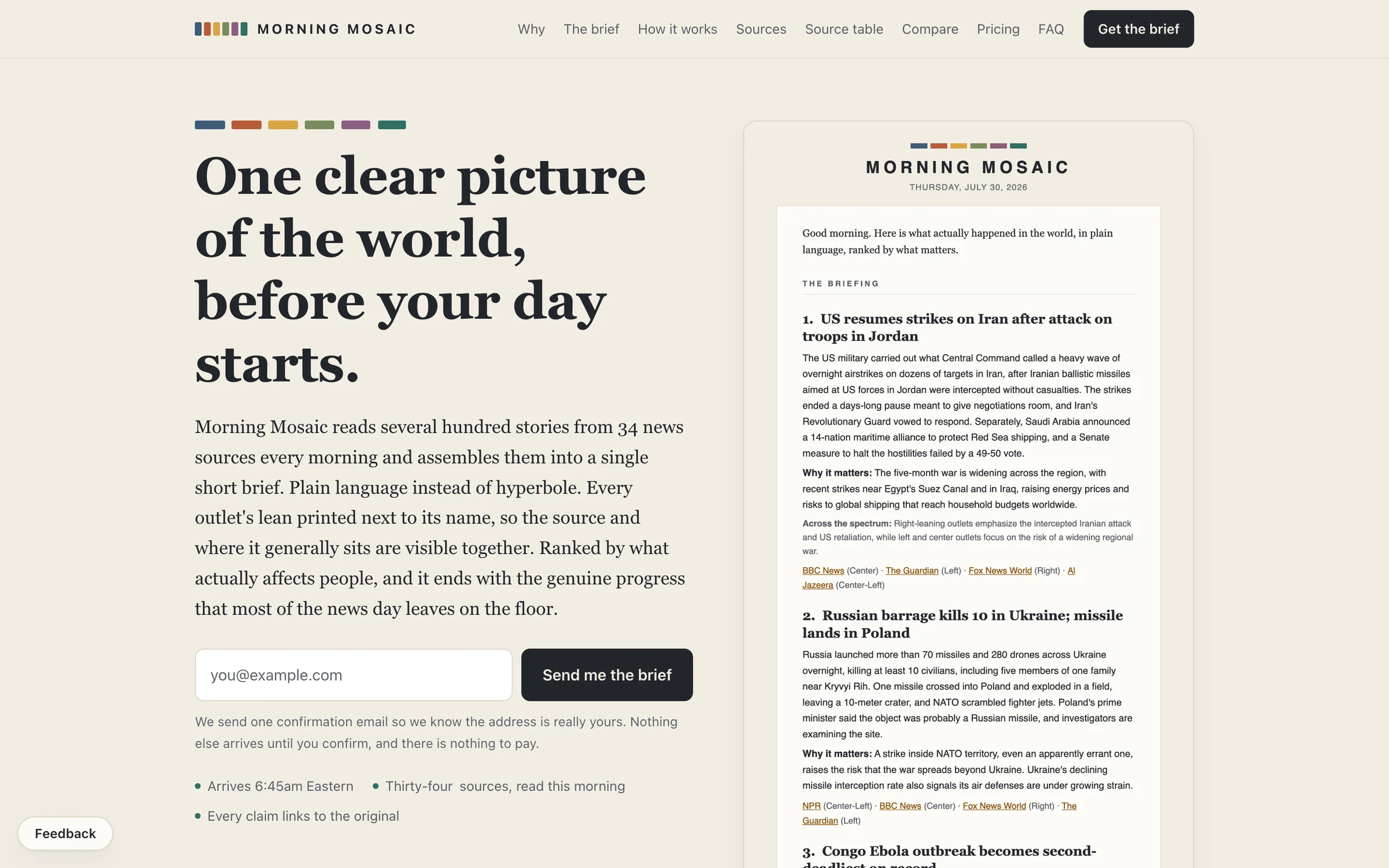The Morning Mosaic home page with the headline One clear picture of the world and a sample of the daily brief beside a sign-up field