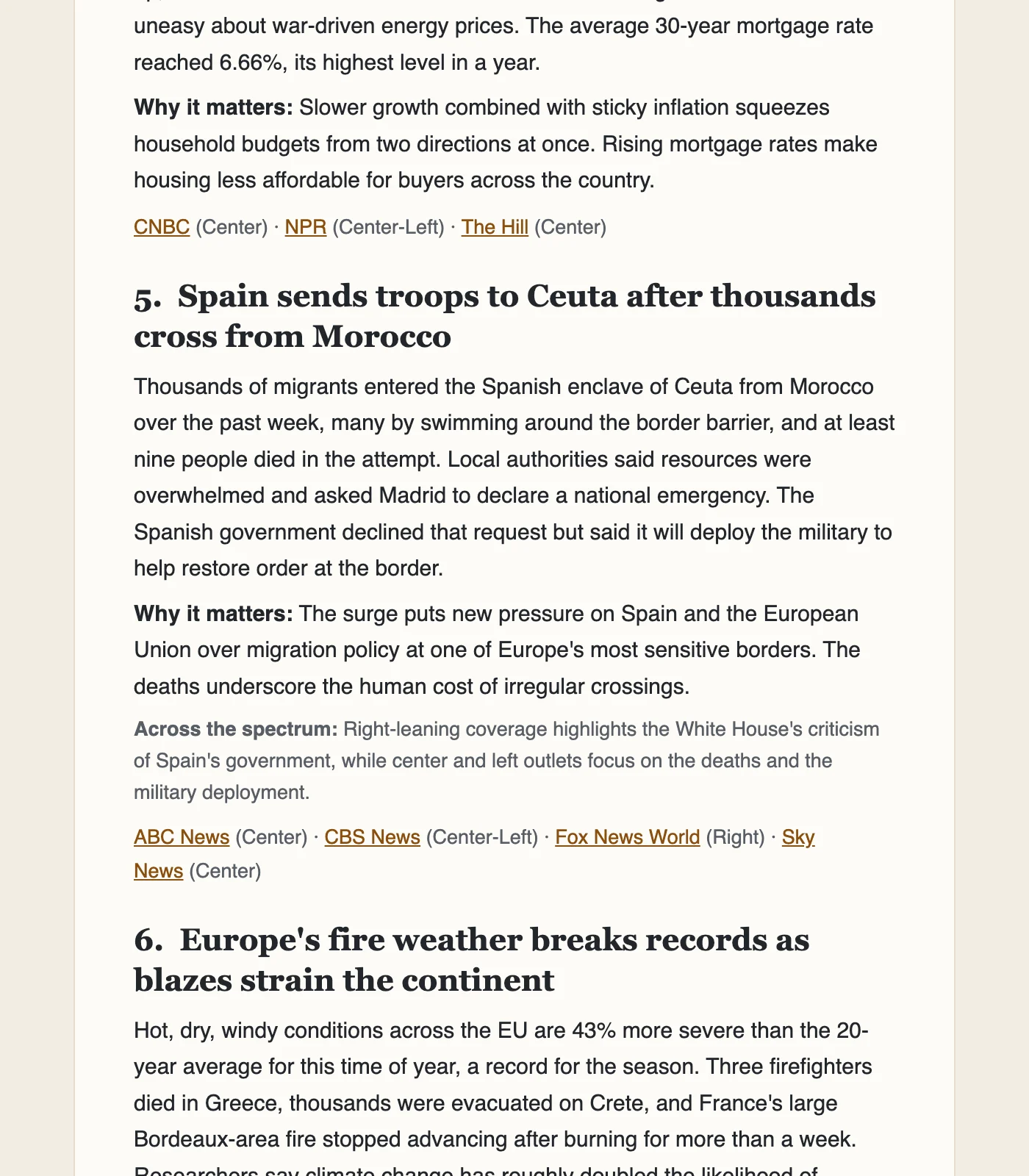A Morning Mosaic briefing story with a Why it matters note, an Across the spectrum framing note, and outlets labeled Center, Left, or Right
