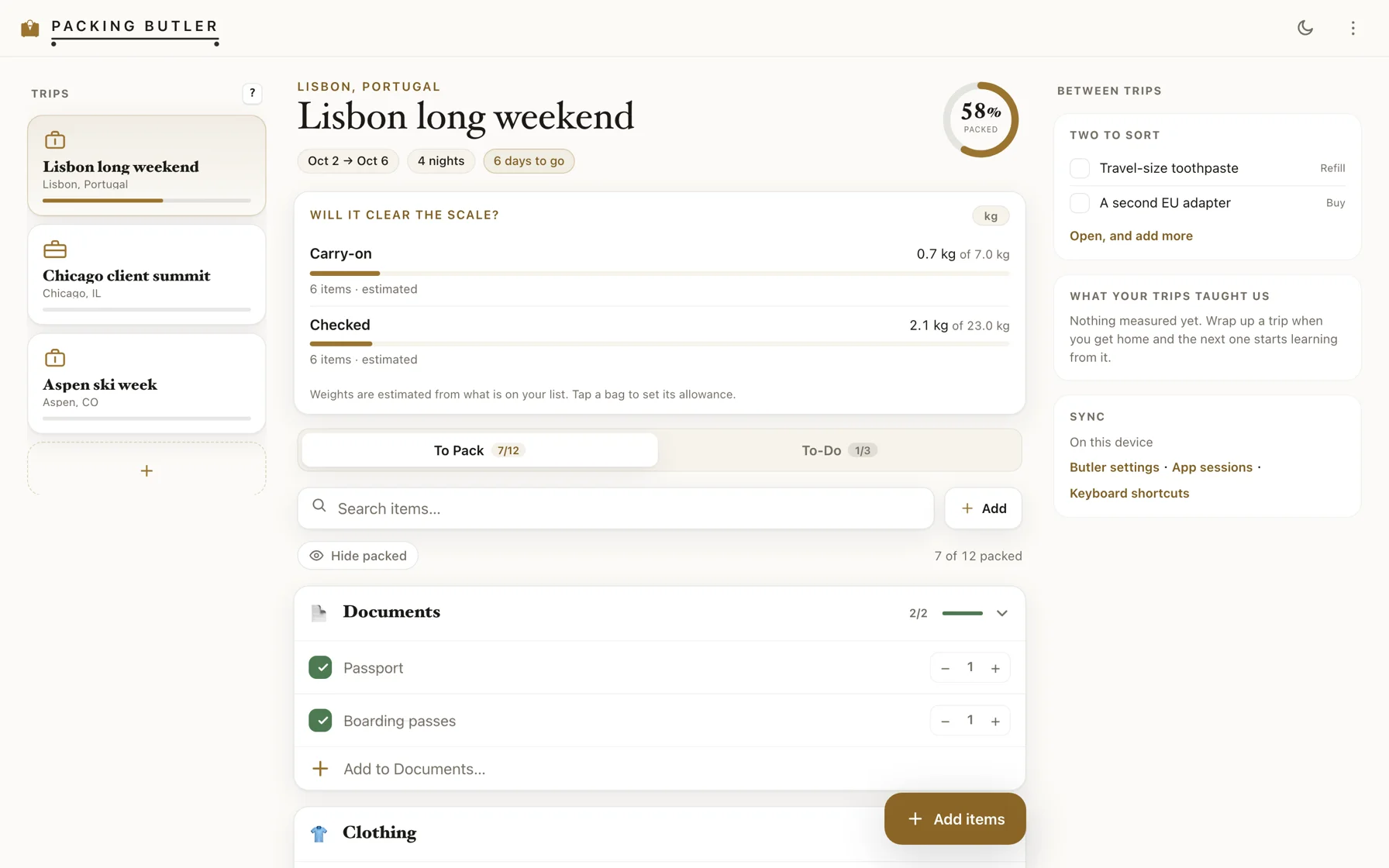 A Lisbon long-weekend trip 58 percent packed, with carry-on and checked weights estimated against their allowances