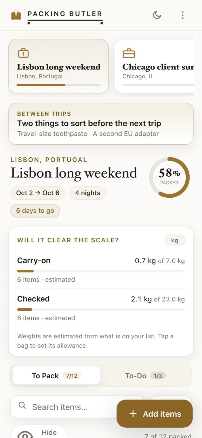 The Lisbon trip on a phone: dates, nights, days to go, and a packed ring at 58 percent