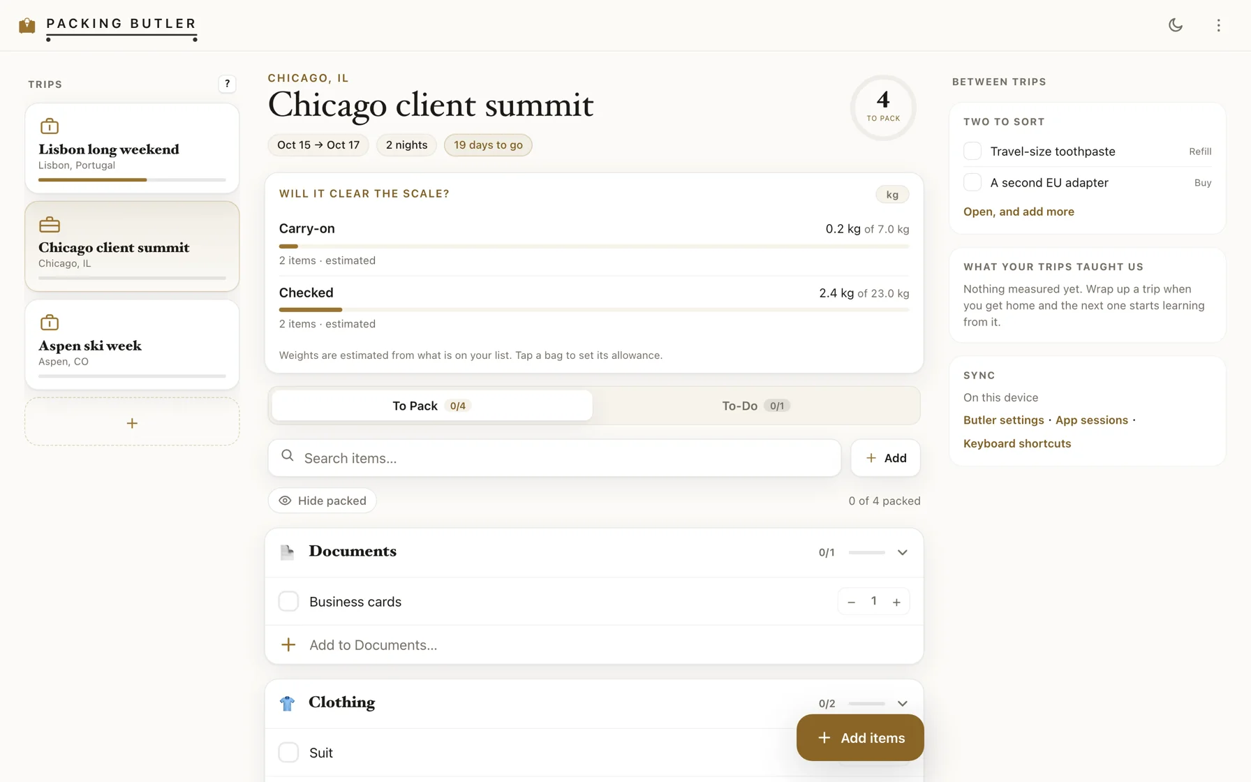 A two-night Chicago client summit with four things left to pack and business cards under Documents