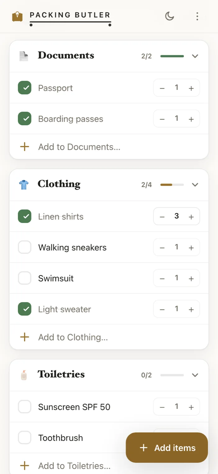 The packing list grouped into Documents, Clothing, and Toiletries, with quantities and packed items checked off