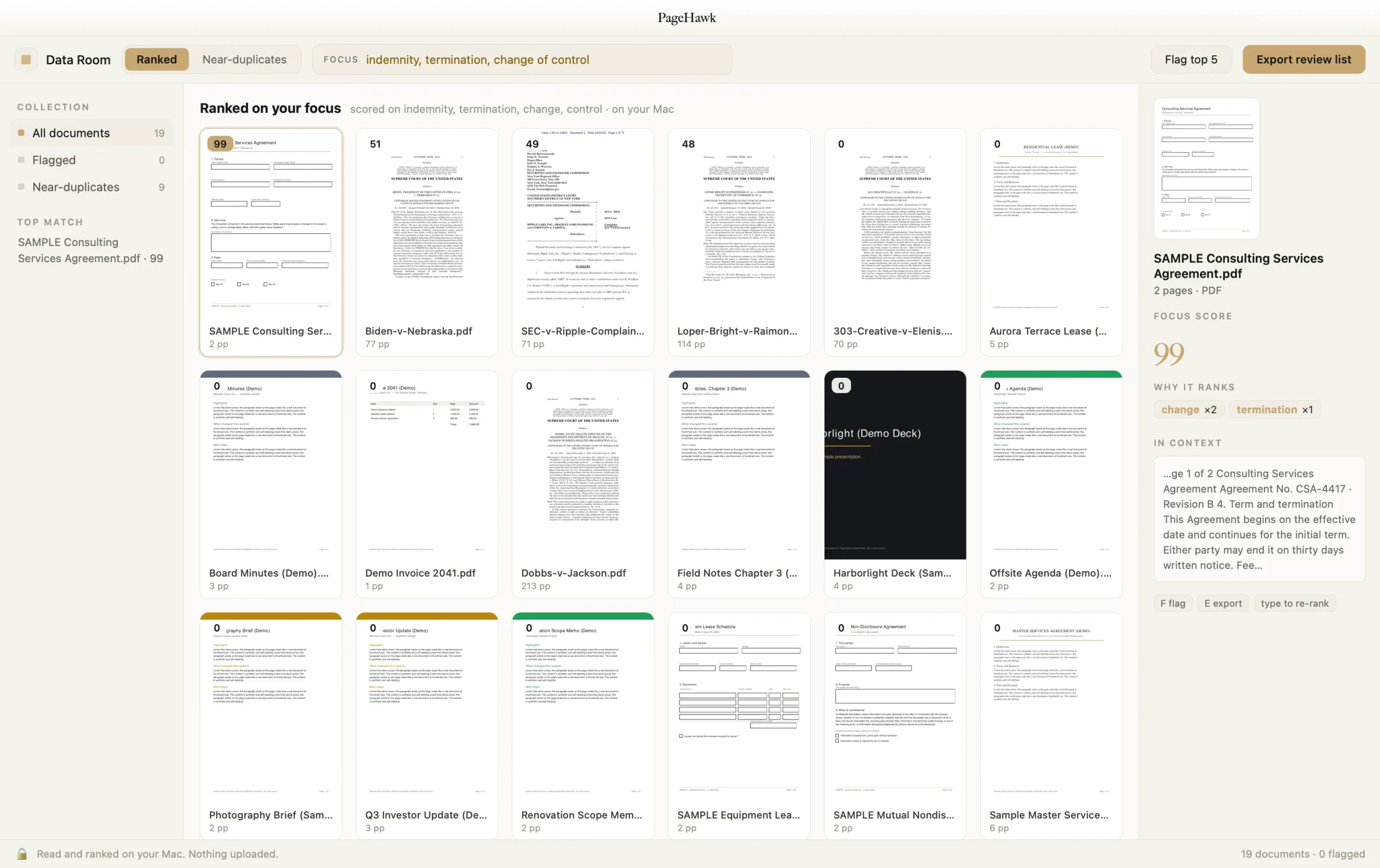 PageHawk's ranked data room view showing nineteen documents scored and sorted by focus terms