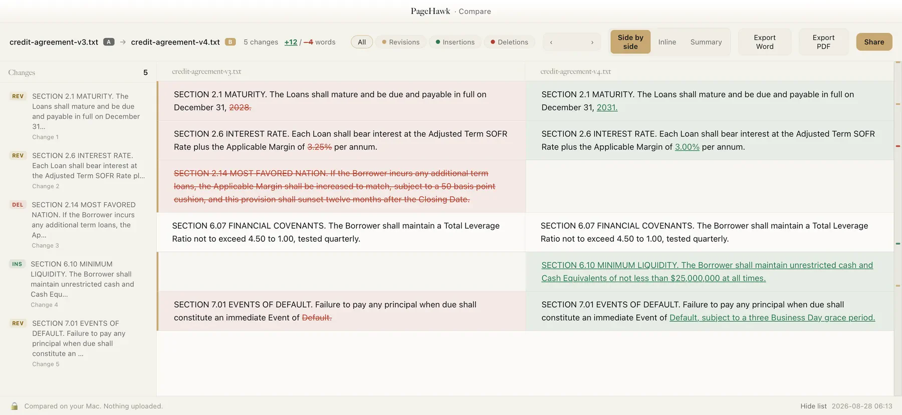 Side by side redline comparing two credit agreement drafts with insertions and deletions marked