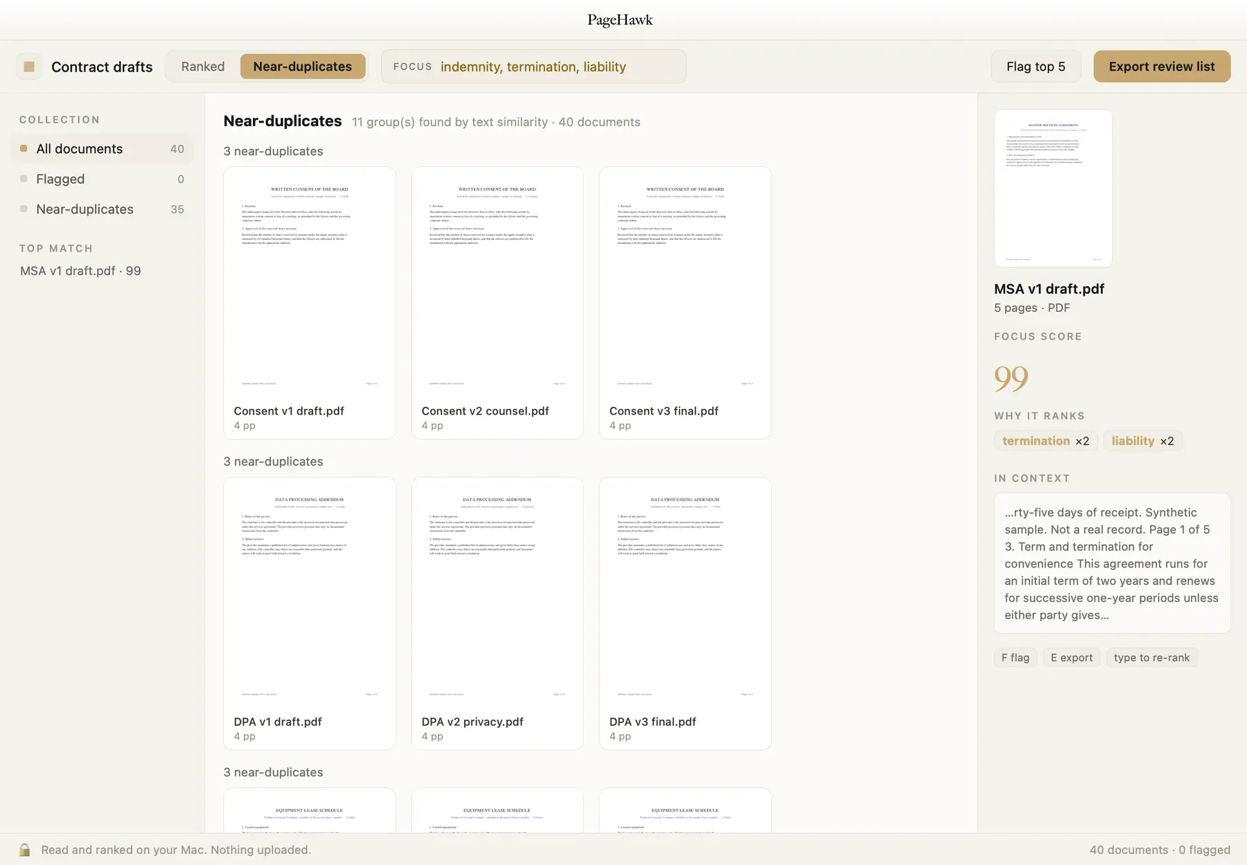 Near-duplicate contract drafts grouped together with a text similarity score for each group